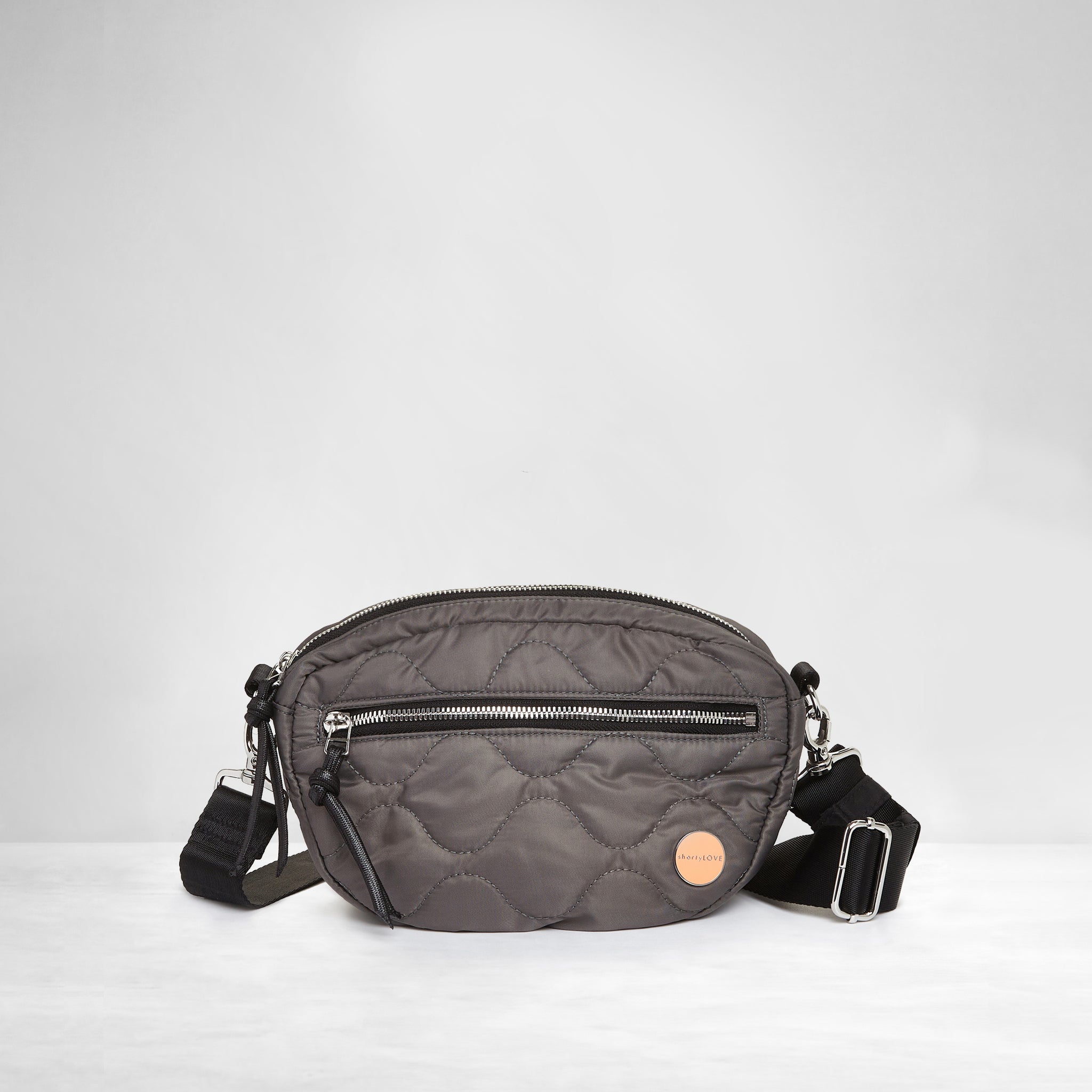 shortyLOVE small cruiser small crossbody bag in pewter; front view against white background.