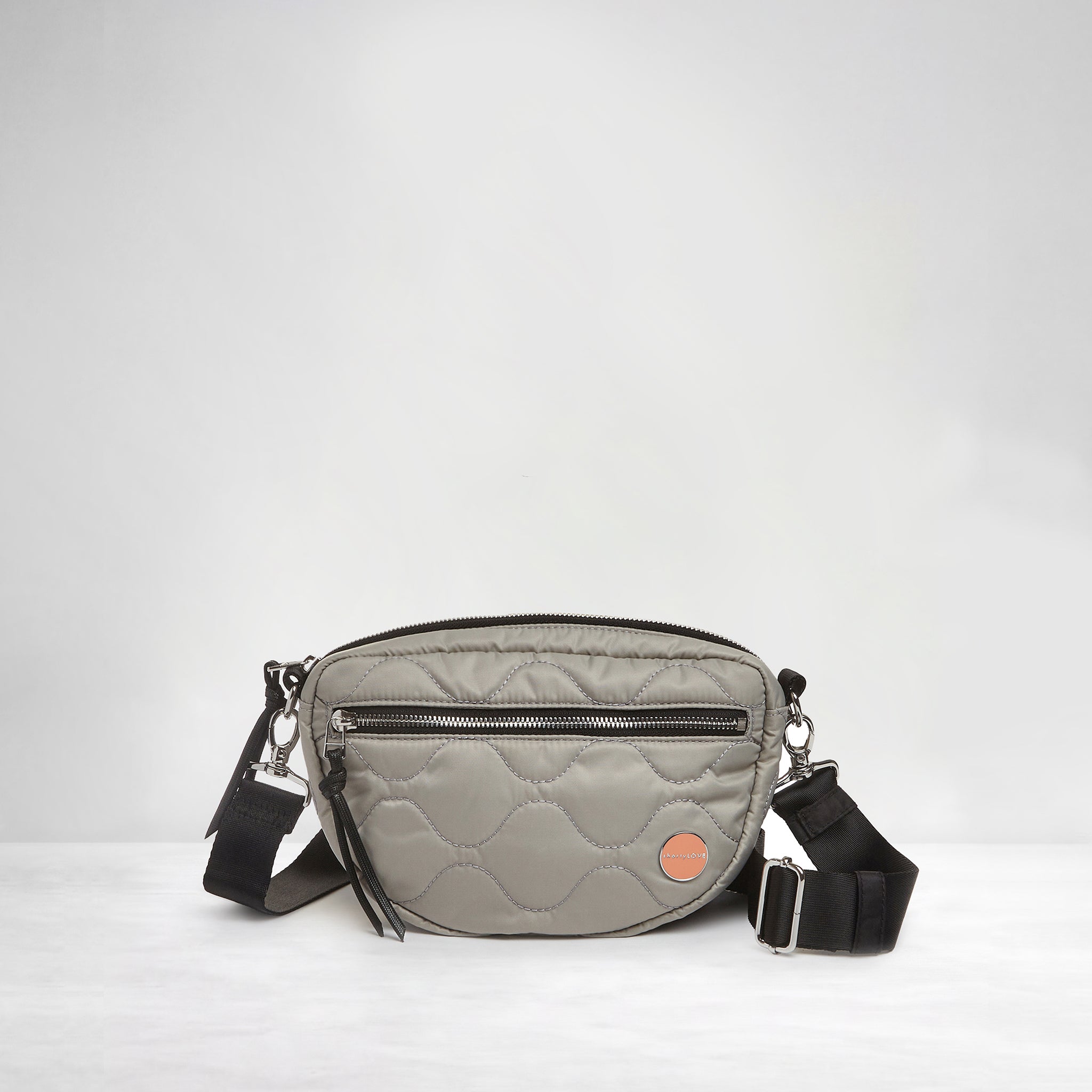shortyLOVE small cruiser small crossbody bag in milky grey; front view against white background.