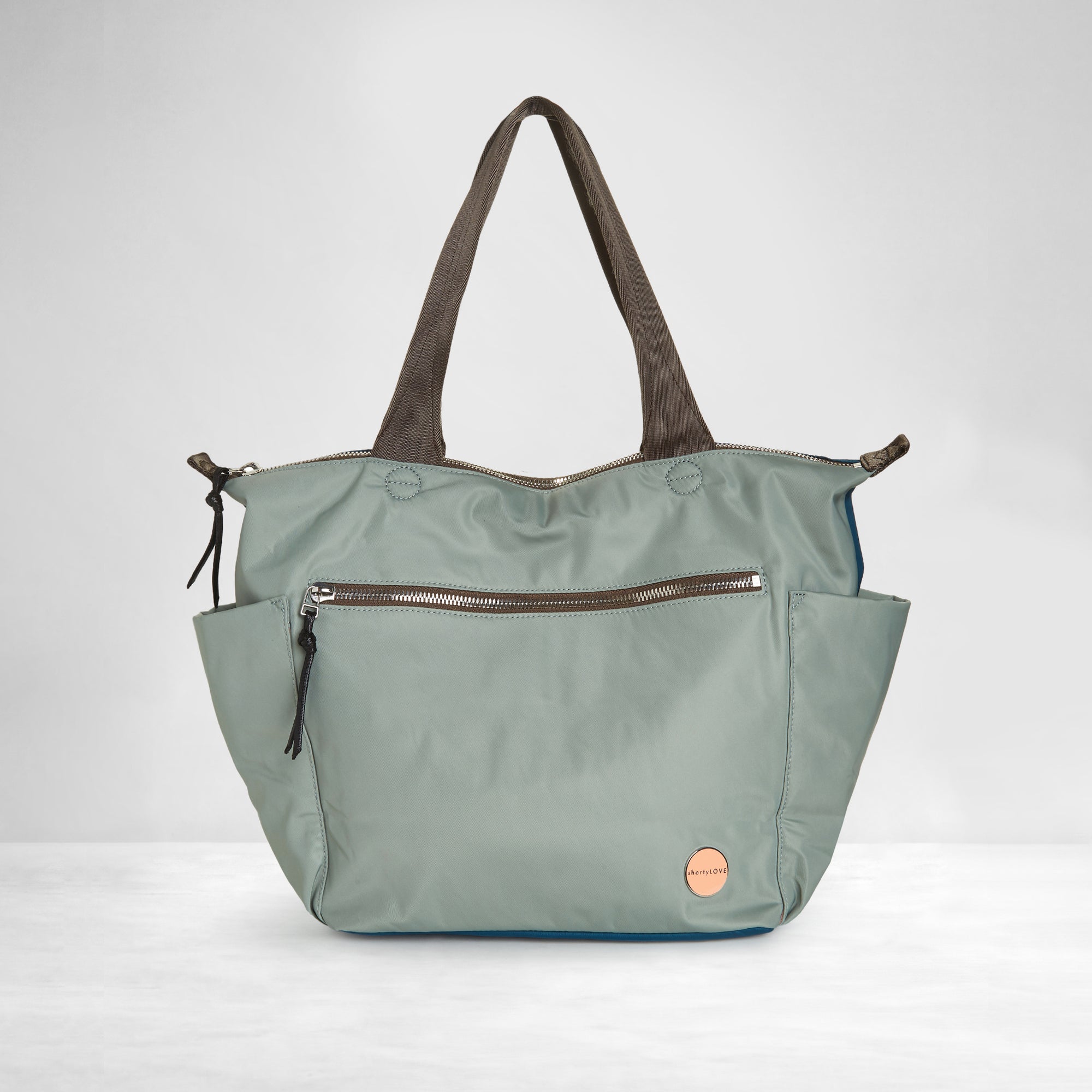 shortyLOVE tillie tote bag in slate/teal; front view against white background.