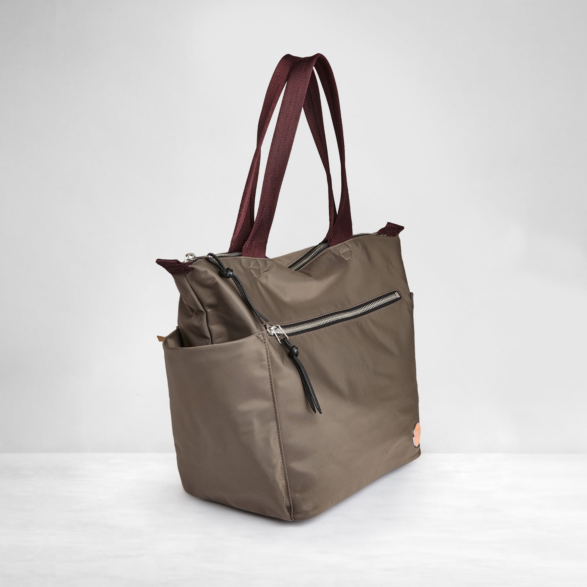 shortyLOVE tillie tote bag in mocha; side angle view against white background.