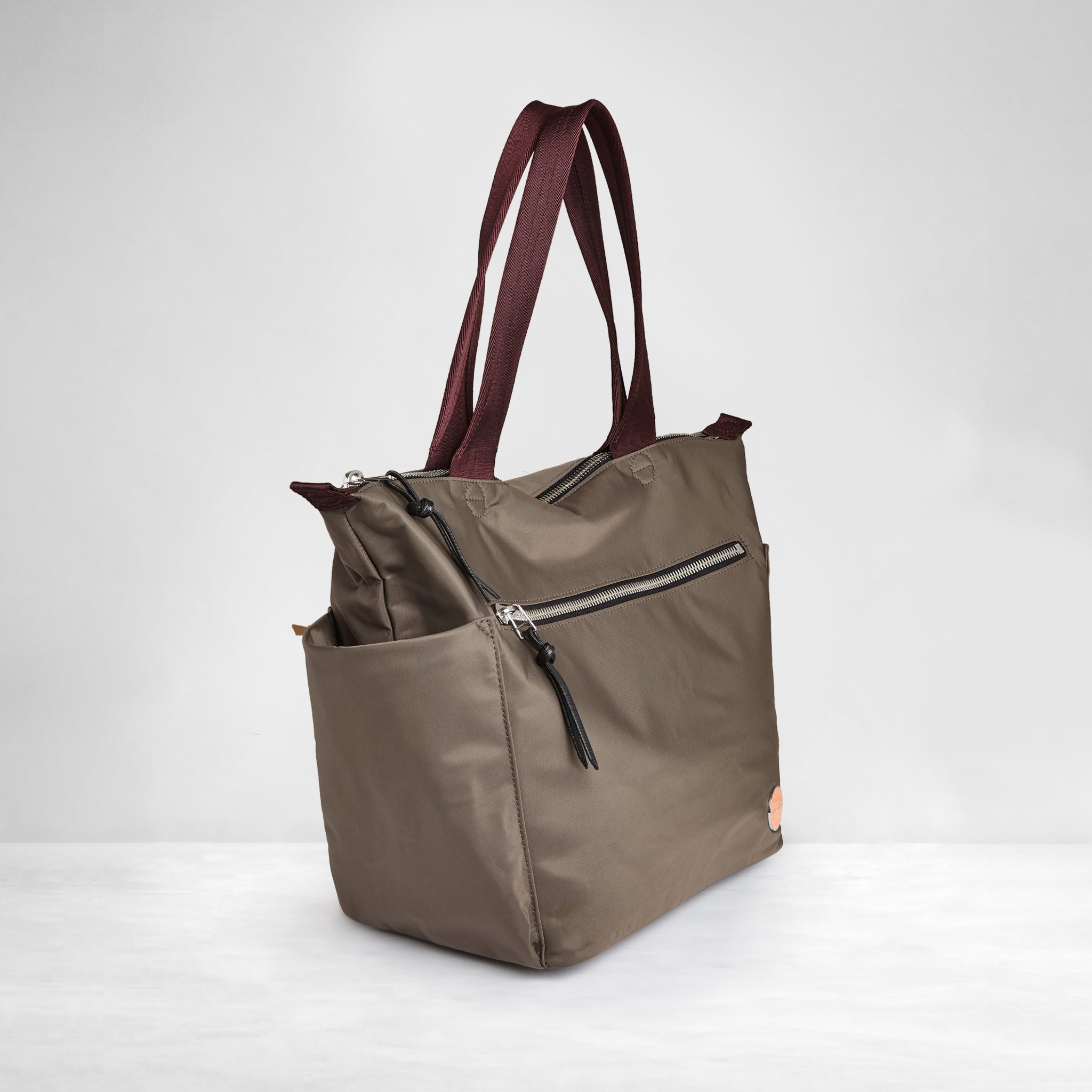shortyLOVE tillie tote bag in mocha; side angle view against white background.