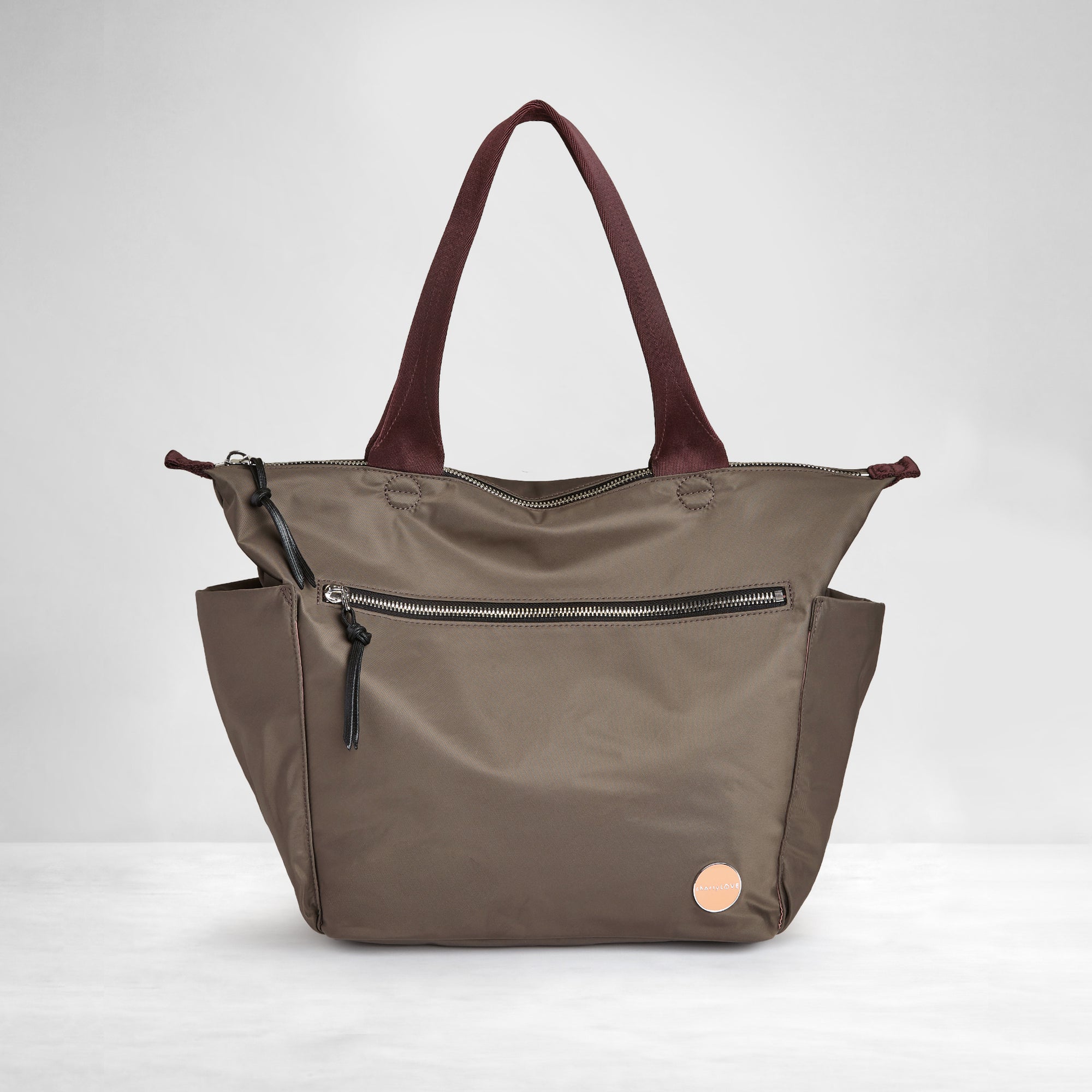 shortyLOVE tillie tote bag in mocha; front view against white background.