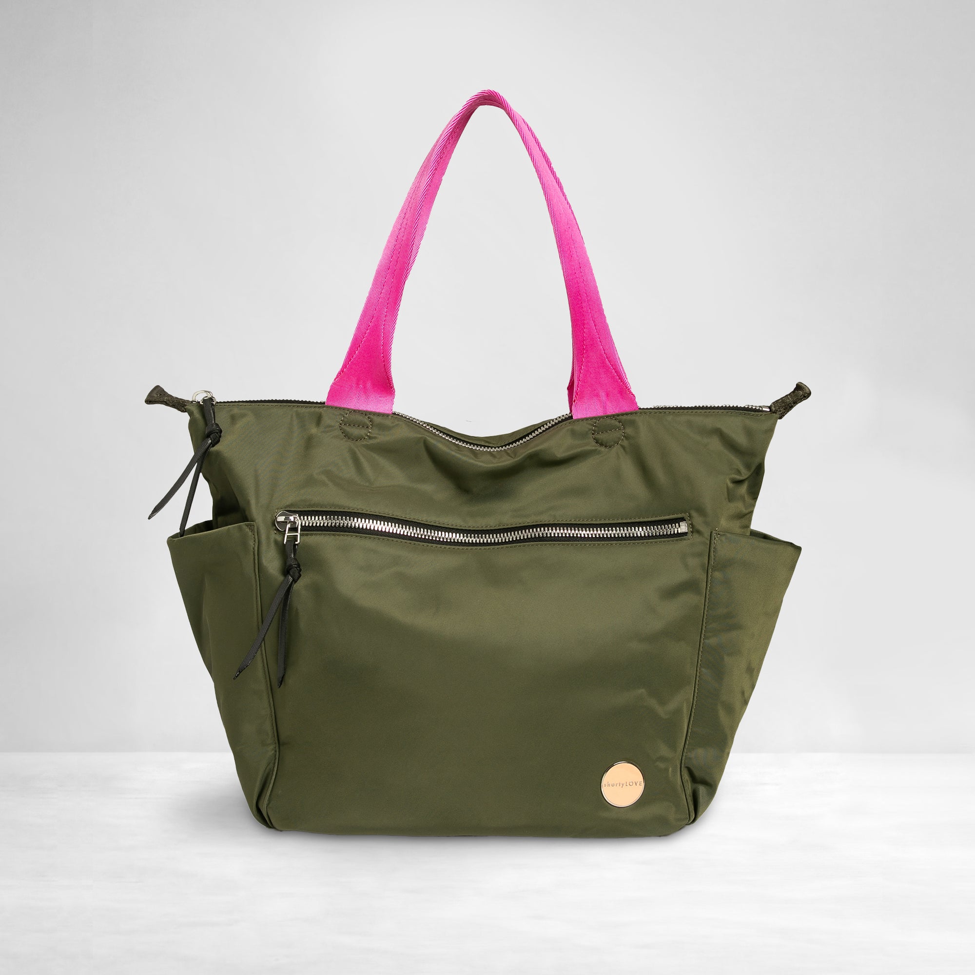 shortyLOVE tillie tote bag in army green; front view against white background.