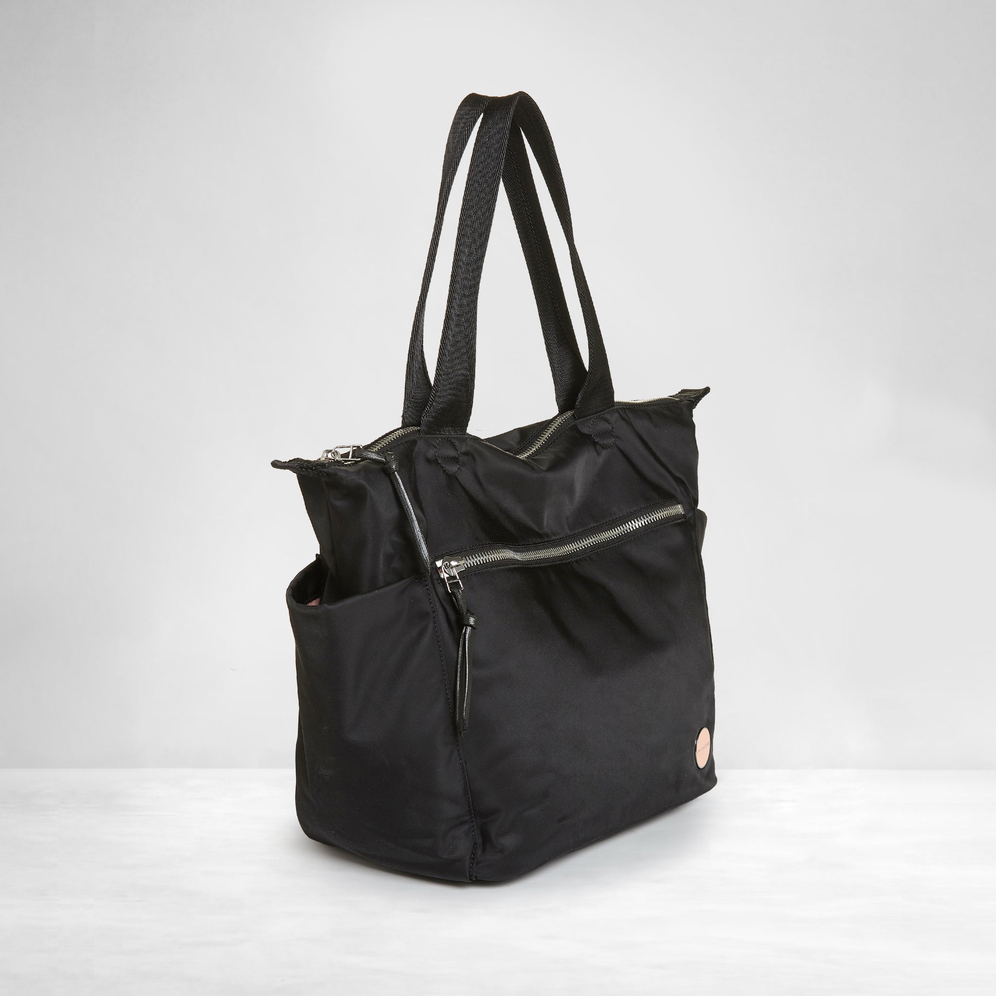 shortyLOVE tillie tote bag in black; side angle view against white background.