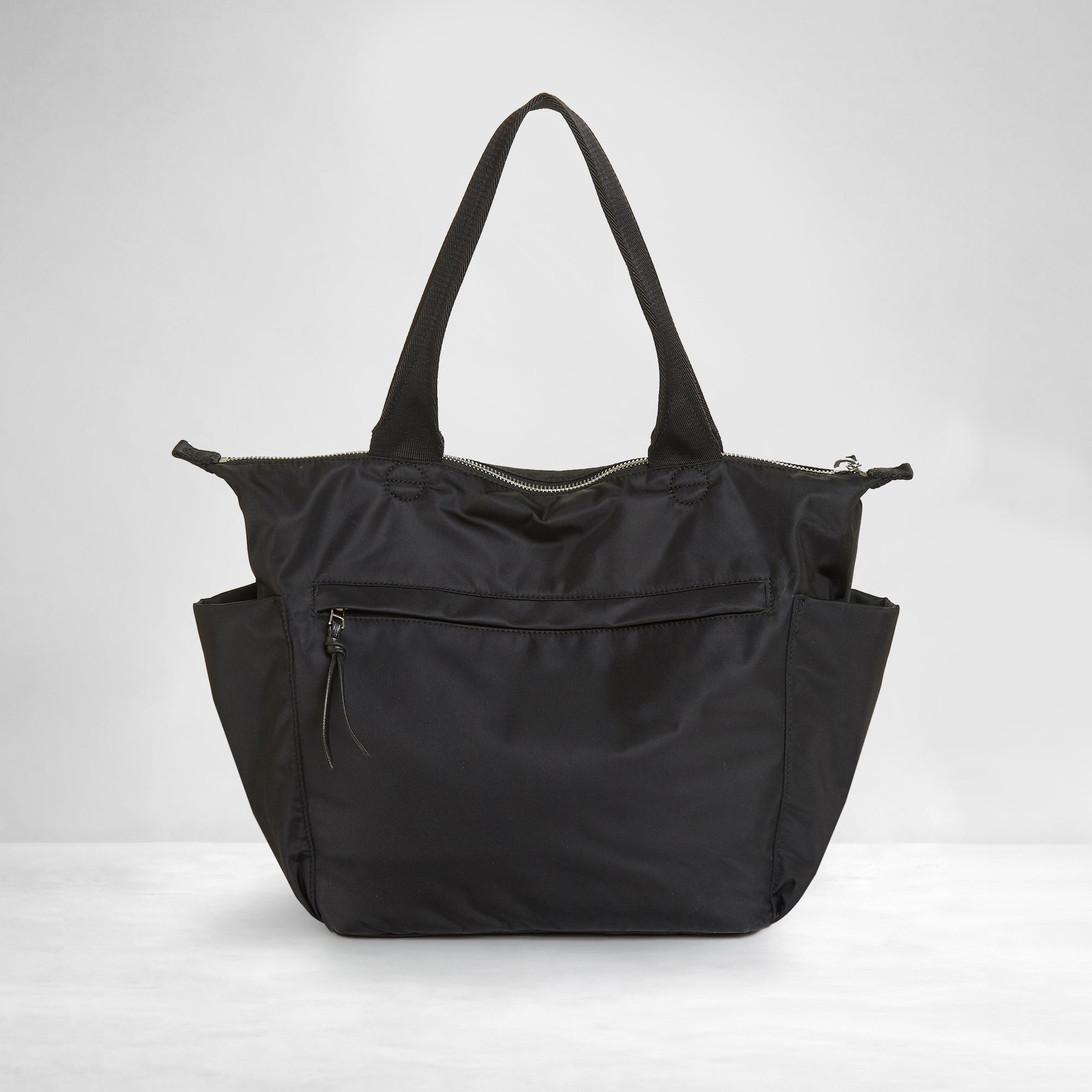 shortyLOVE tillie tote bag in black; back view against white background.