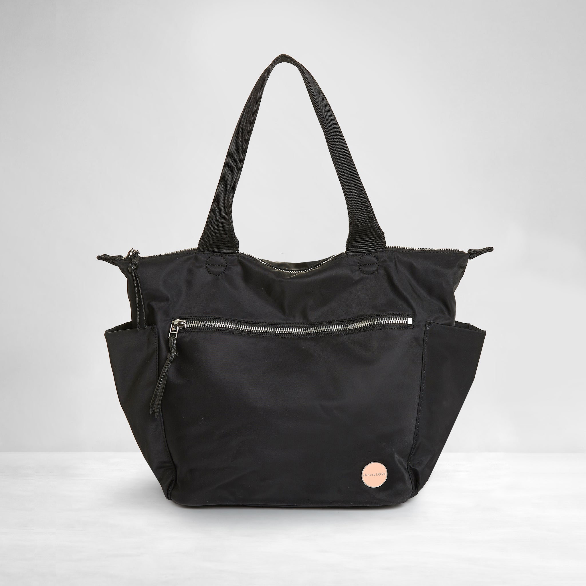 shortyLOVE tillie designer nylon tote handbag in black; front view against white background