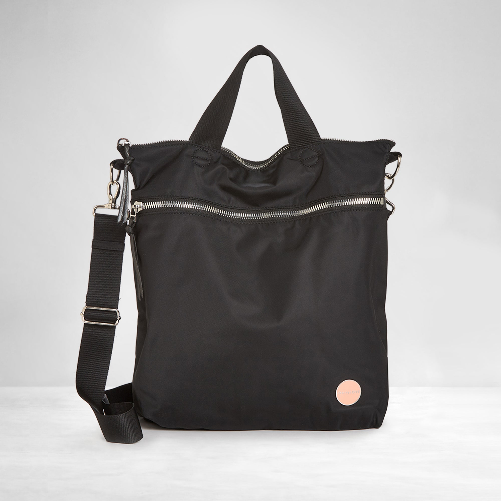 shortyLOVE large women’s designer crossbody/messenger handbag in black; front view against white background