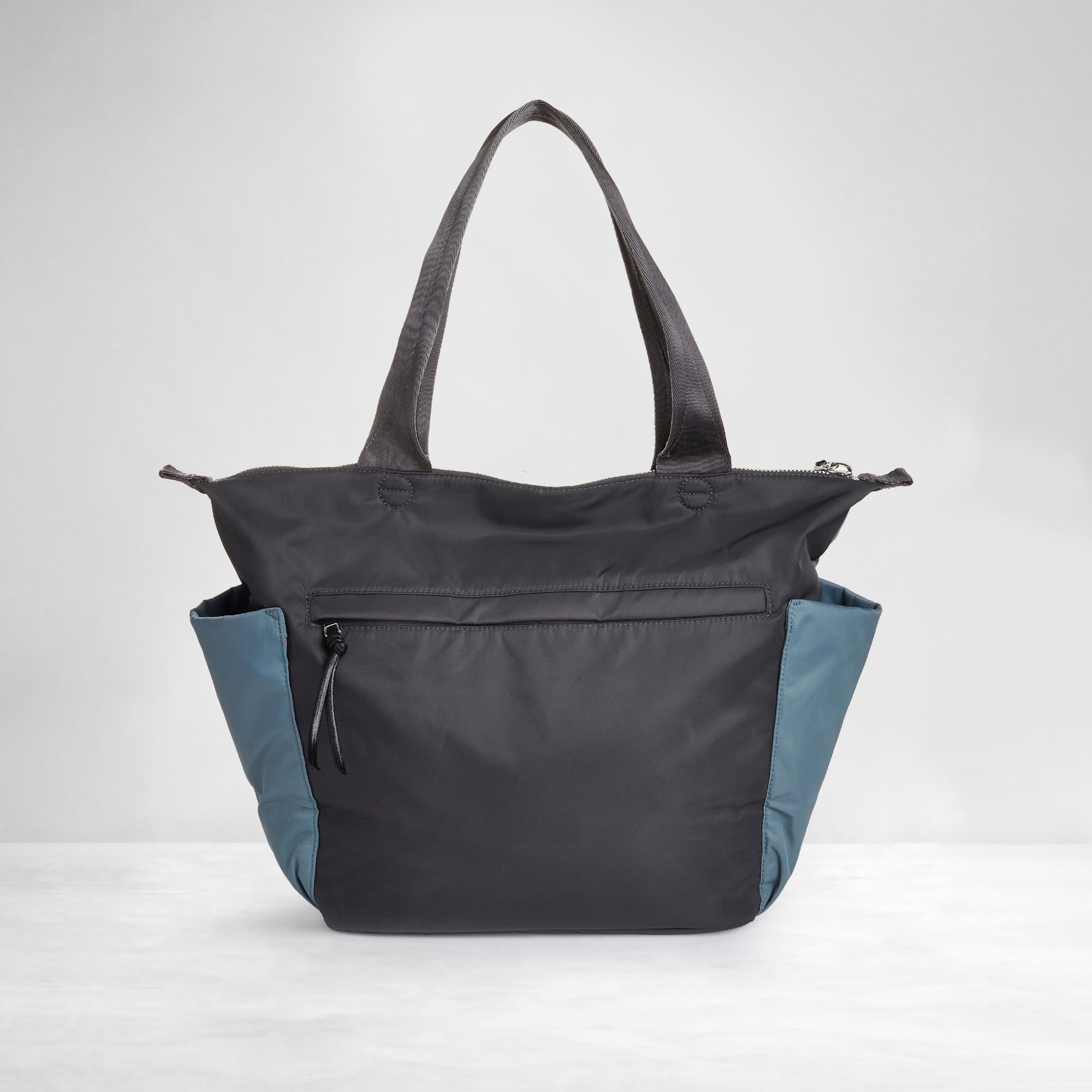 shortyLOVE tillie tote bag in steel blue/charcoal; back view against white background.