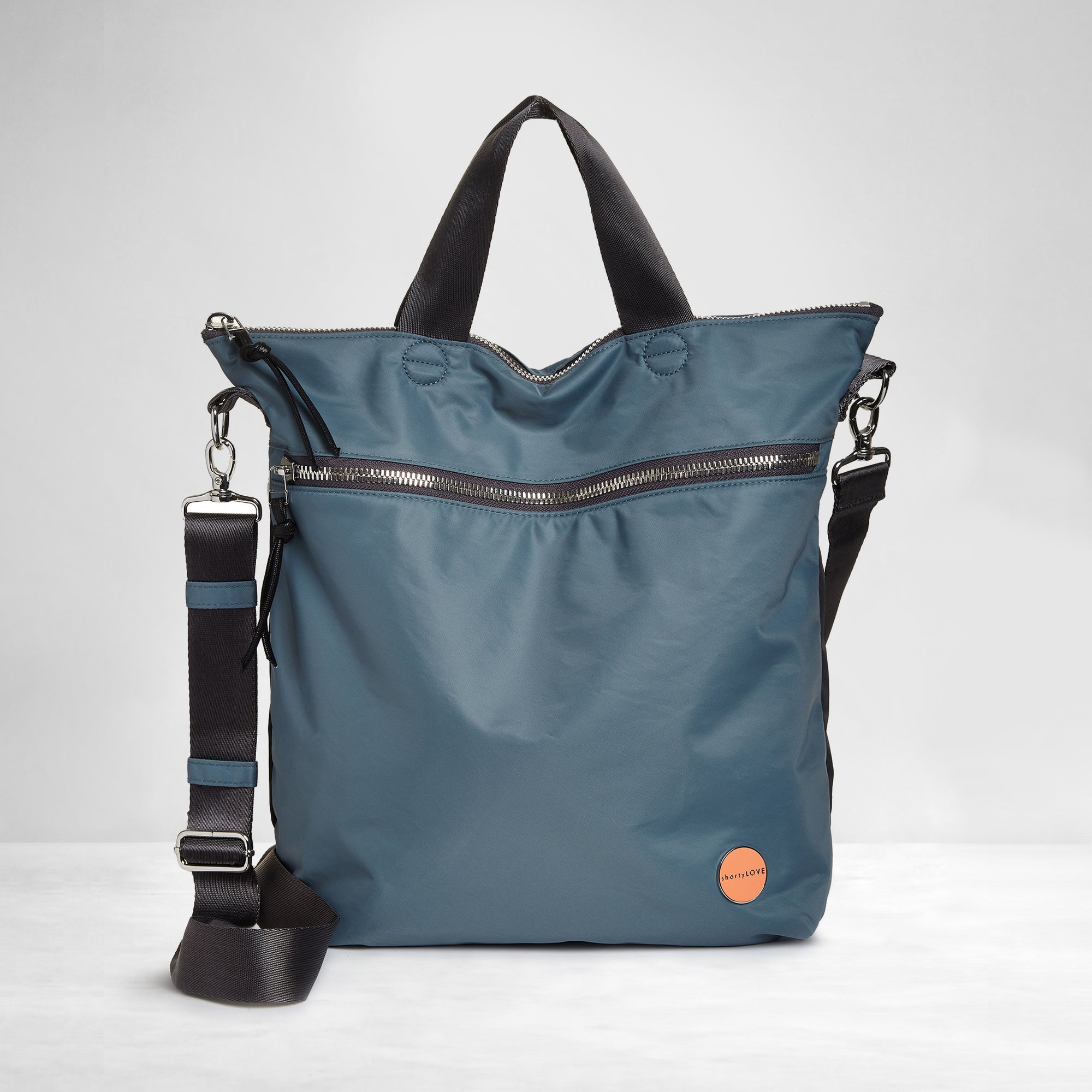 shortyLOVE wonder large crossbody/messenger bag in steel blue/charcoal; front view against white background.