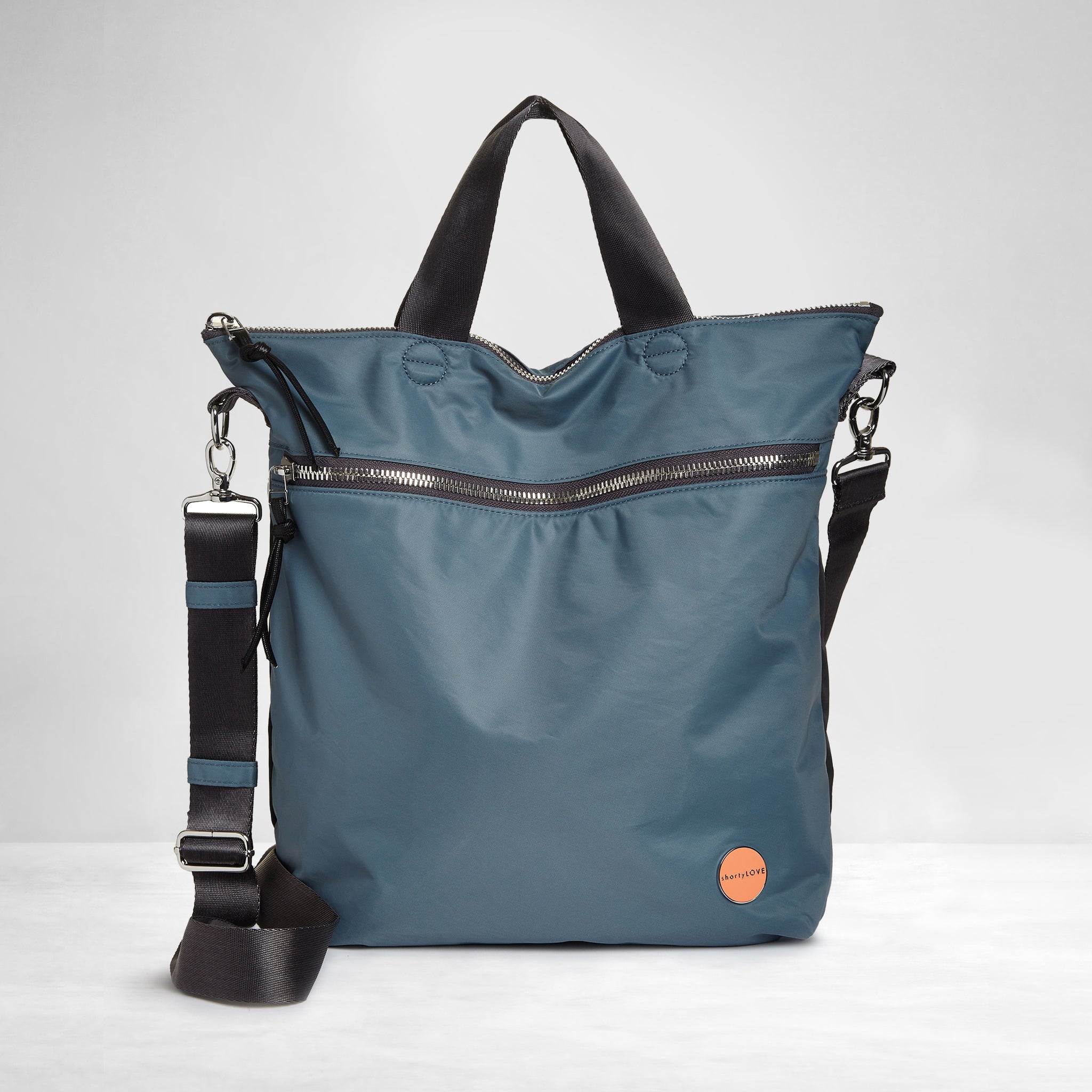 shortyLOVE wonder large crossbody/messenger bag in steel blue/charcoal; front view against white background.