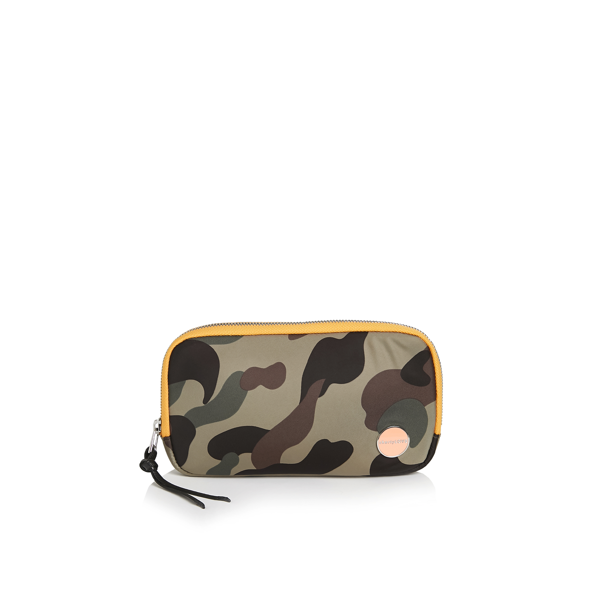 shortyLOVE jetty clutch/wallet in green camo; front view against white background.
