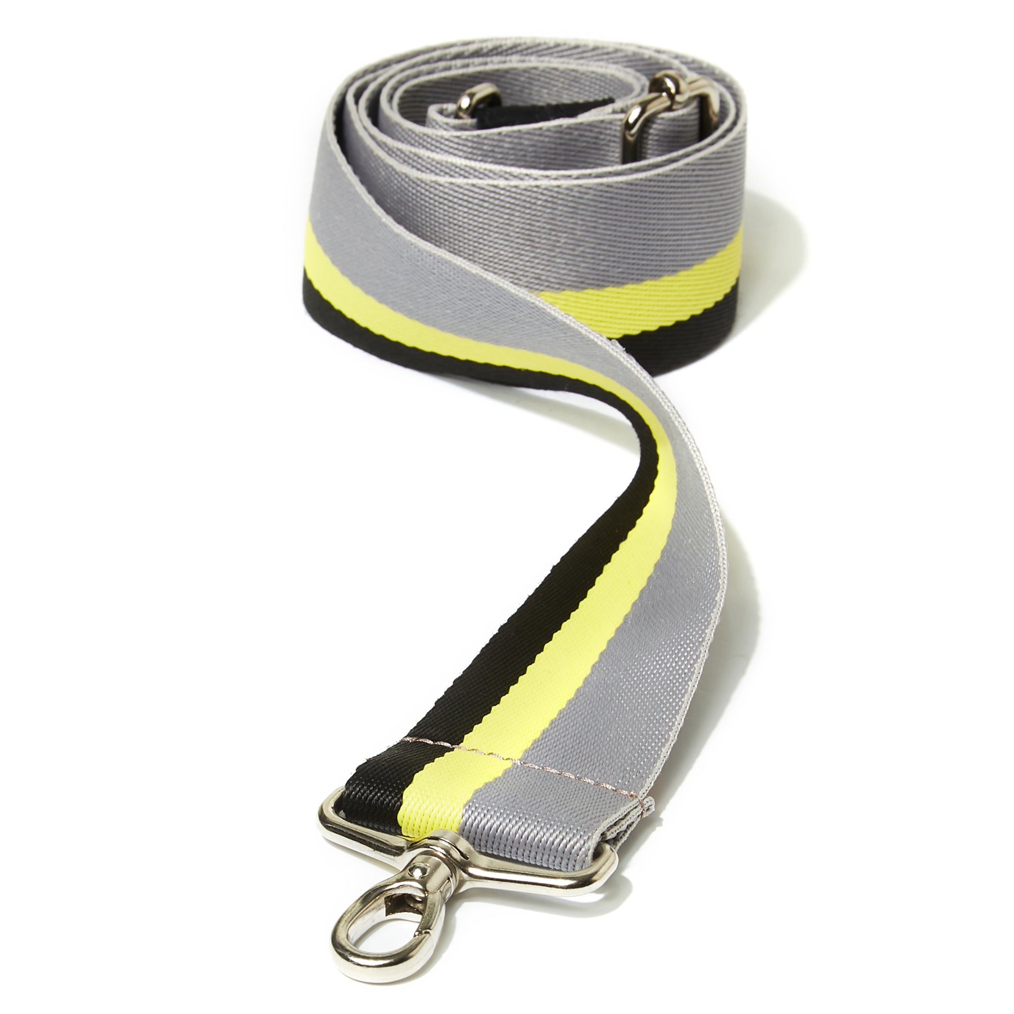 shortyLOVE boardwalk strap in grey/yellow/black; coiled close up view against white background.