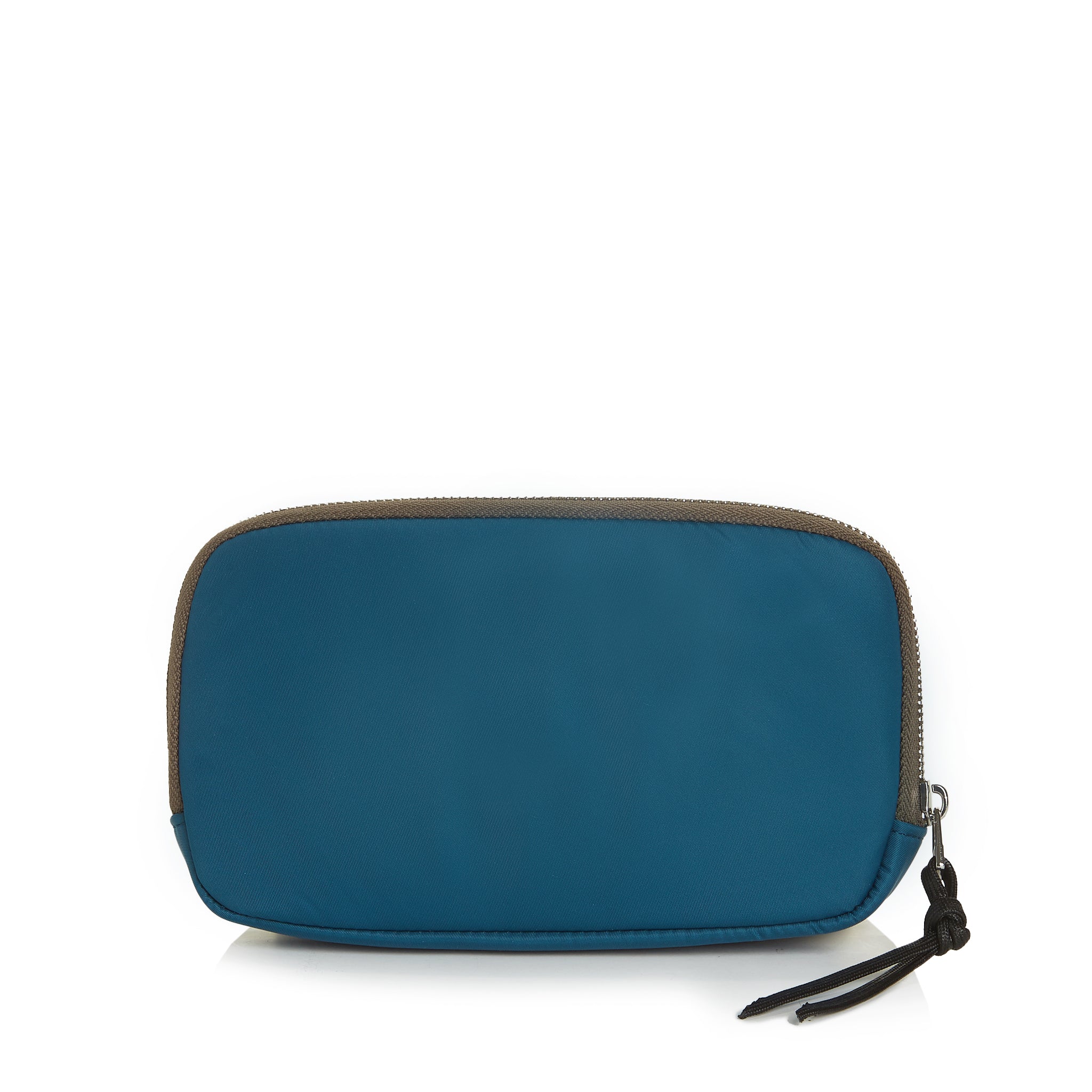 shortyLOVE jetty clutch/wallet in slate/teal; back view against white background.