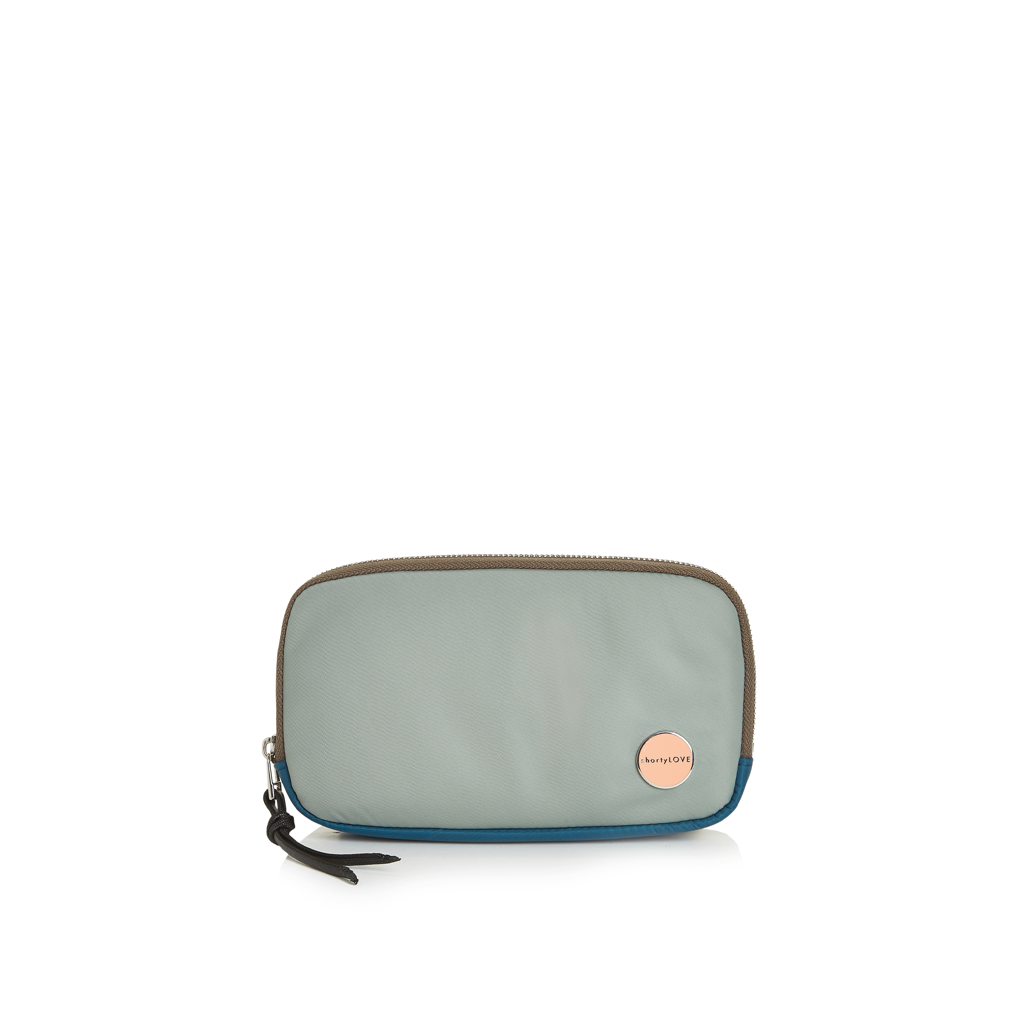 shortyLOVE jetty clutch/wallet in slate/teal; front view against white background.