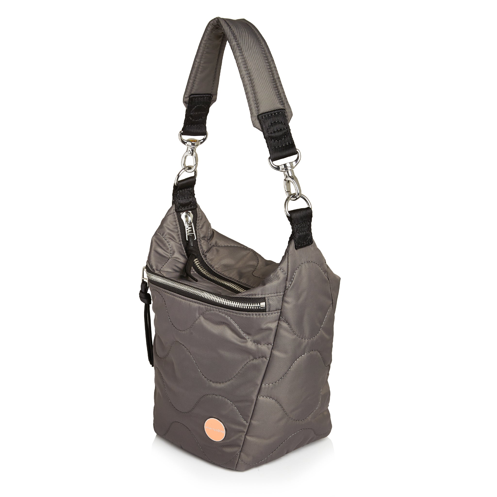 shortyLOVE marcel crossbody bucket bag in pewter; side view against white background.
