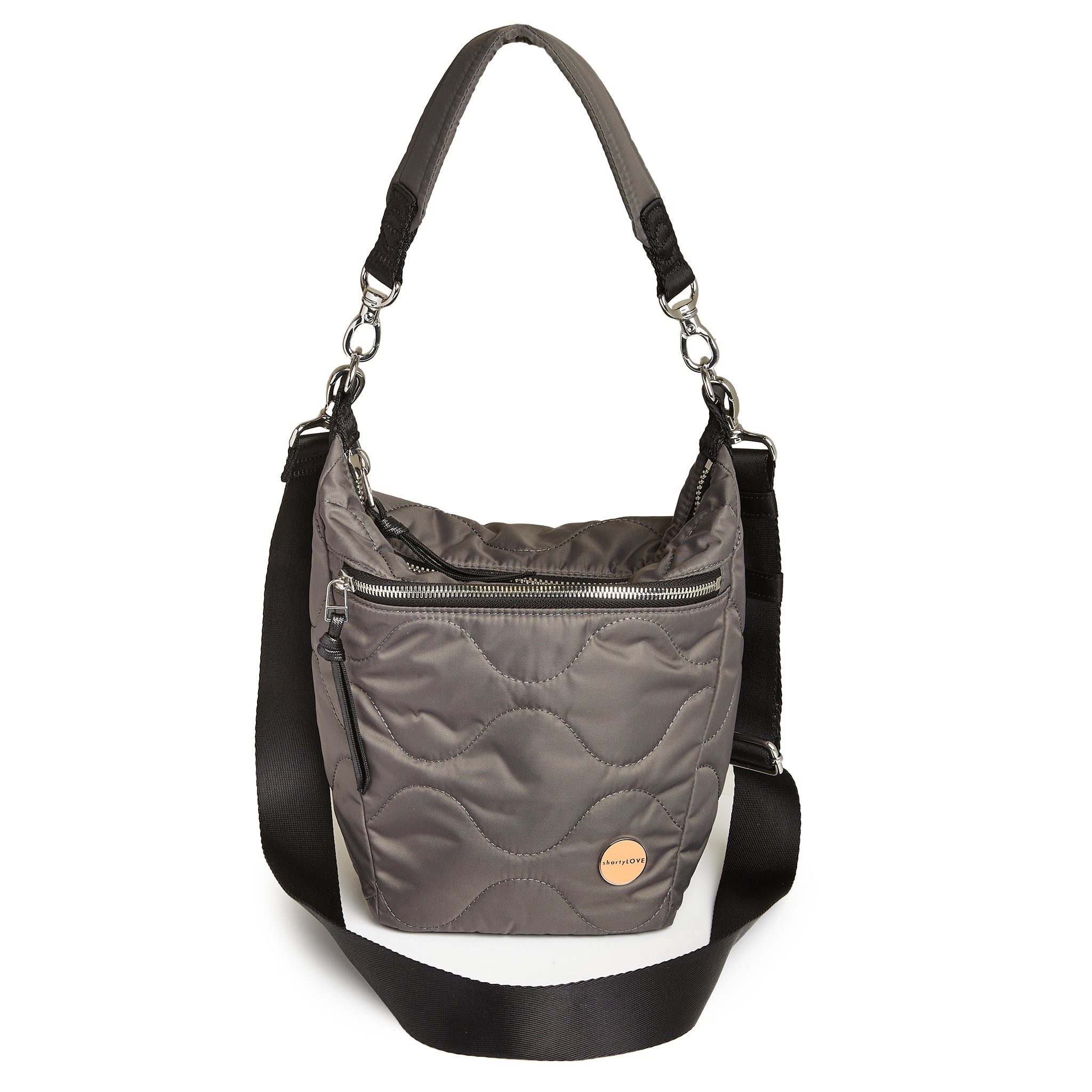 shortyLOVE marcel crossbody bucket bag in pewter; front view against white background.