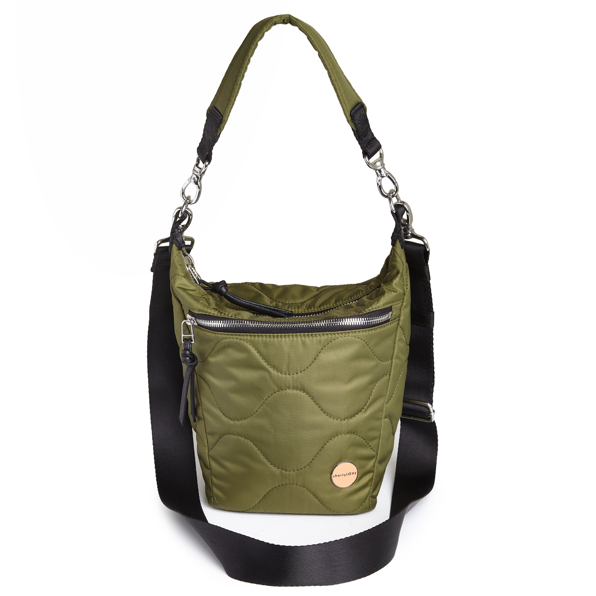 shortyLOVE marcel crossbody bucket bag in sage; front view against white background.