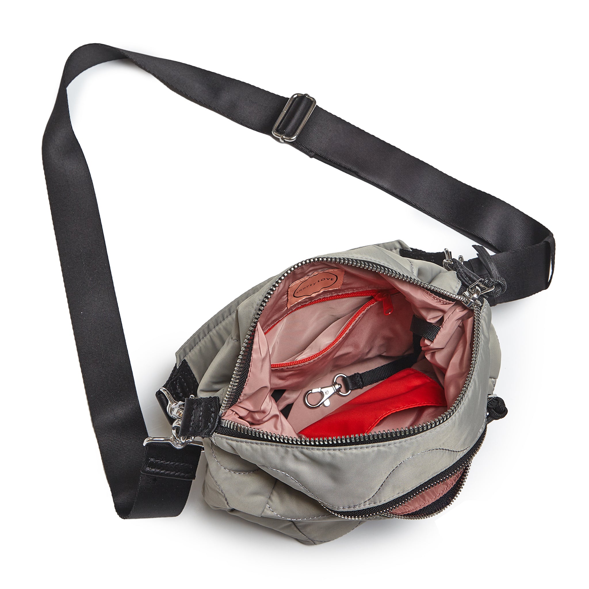 shortyLOVE marcel crossbody bucket bag in milky grey; top-down view showing interior blush lining against white background.