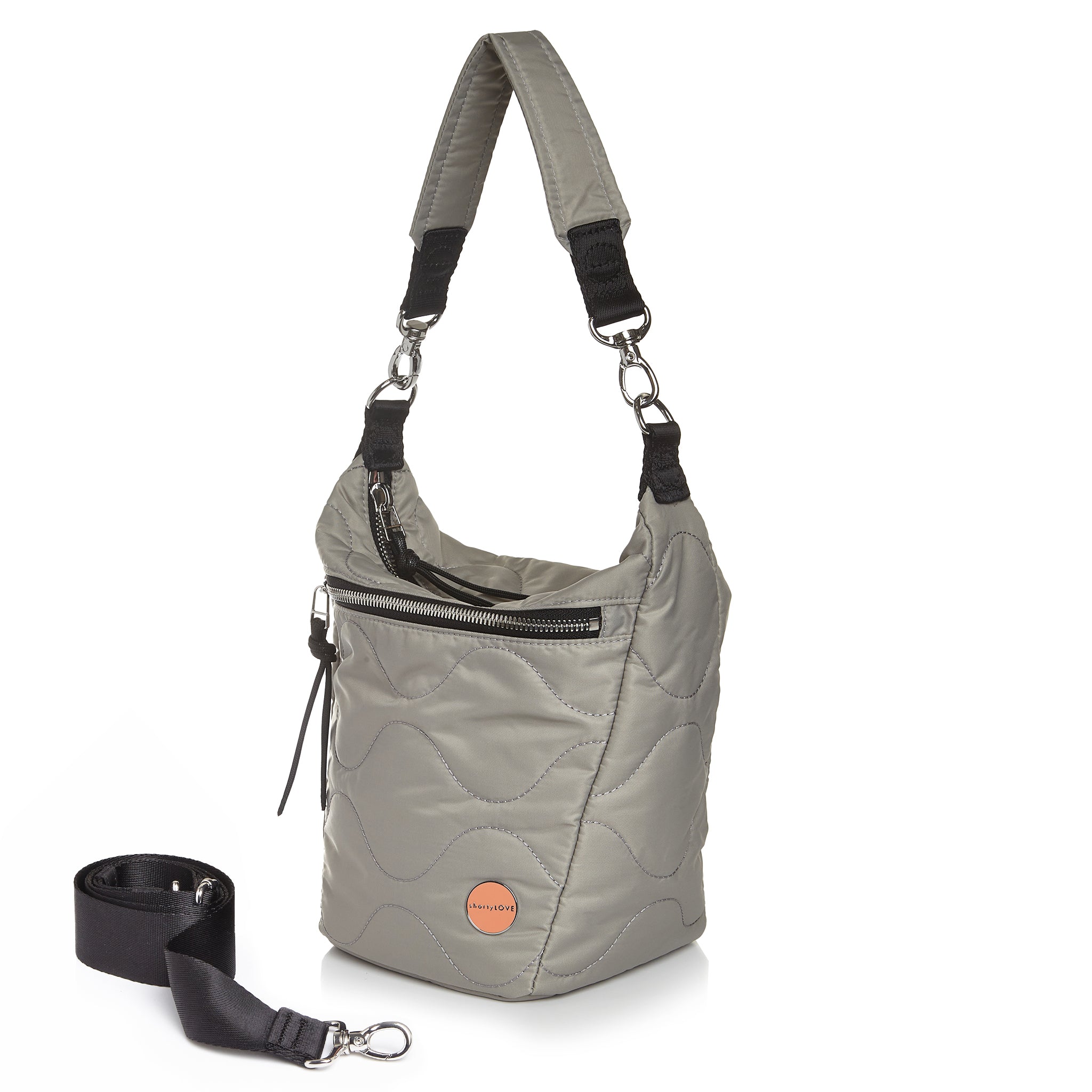 shortyLOVE marcel crossbody bucket bag in milky grey; side view against white background.