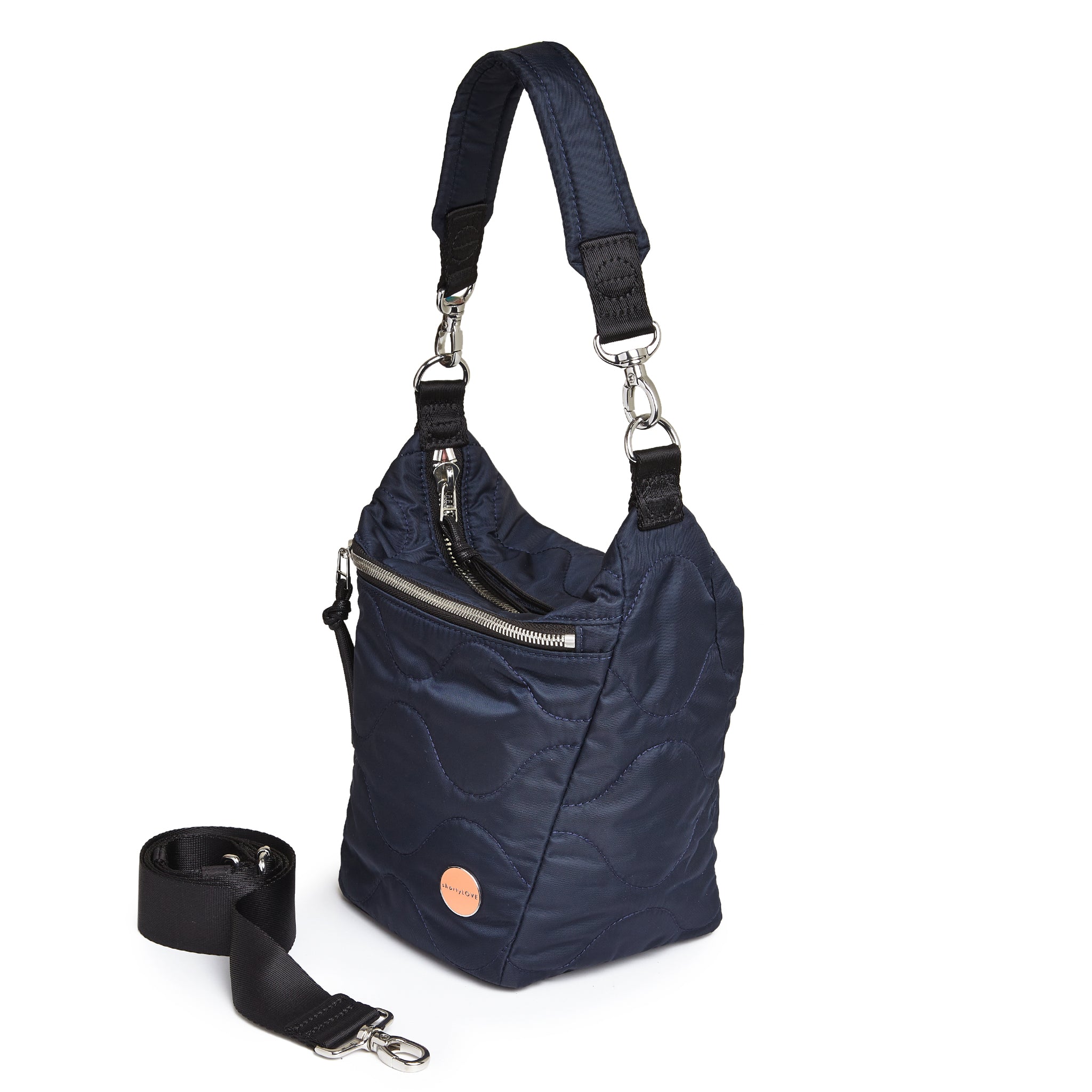 shortyLOVE marcel crossbody bucket bag in midnight; side view against white background.