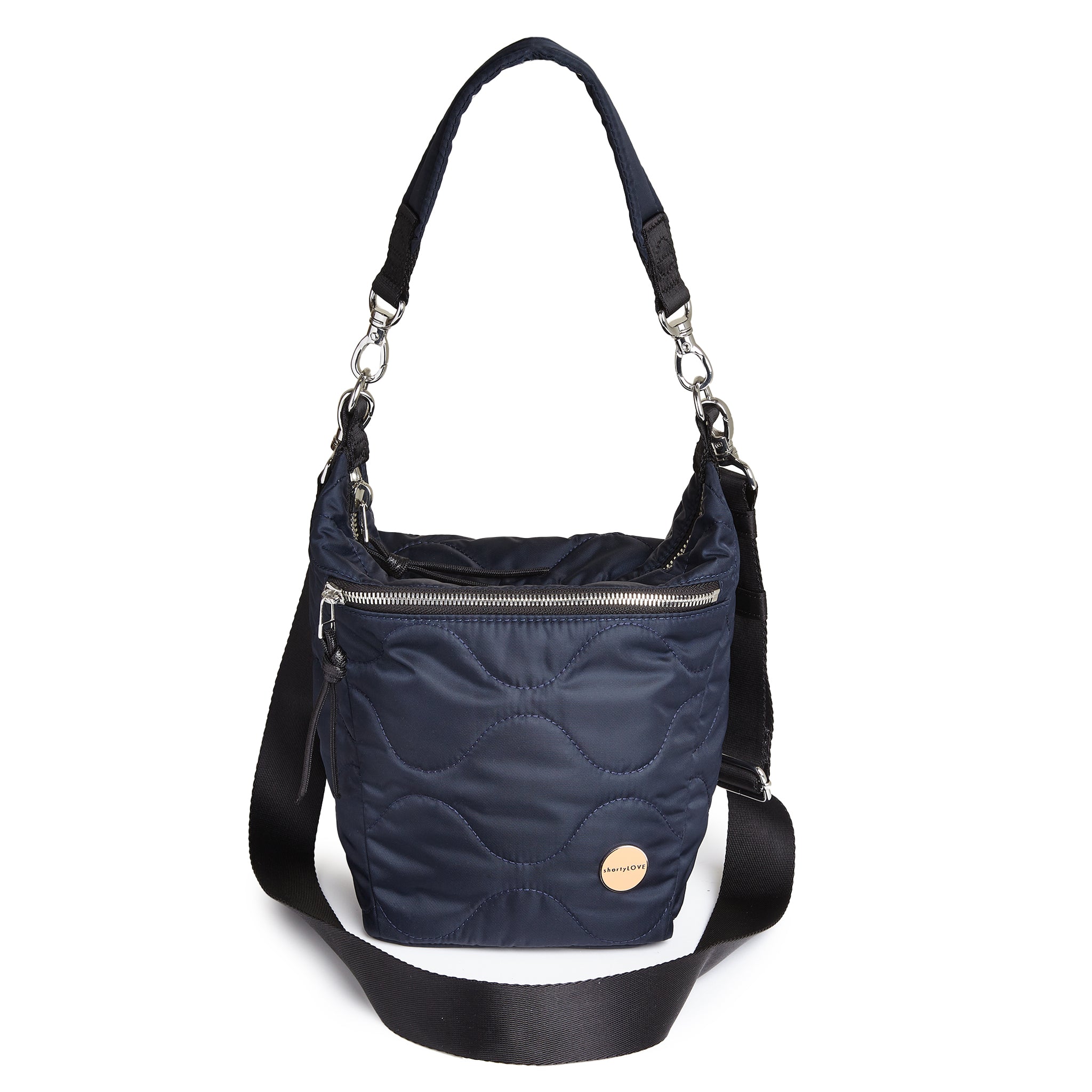 shortyLOVE marcel crossbody bucket bag in midnight; front view against white background.