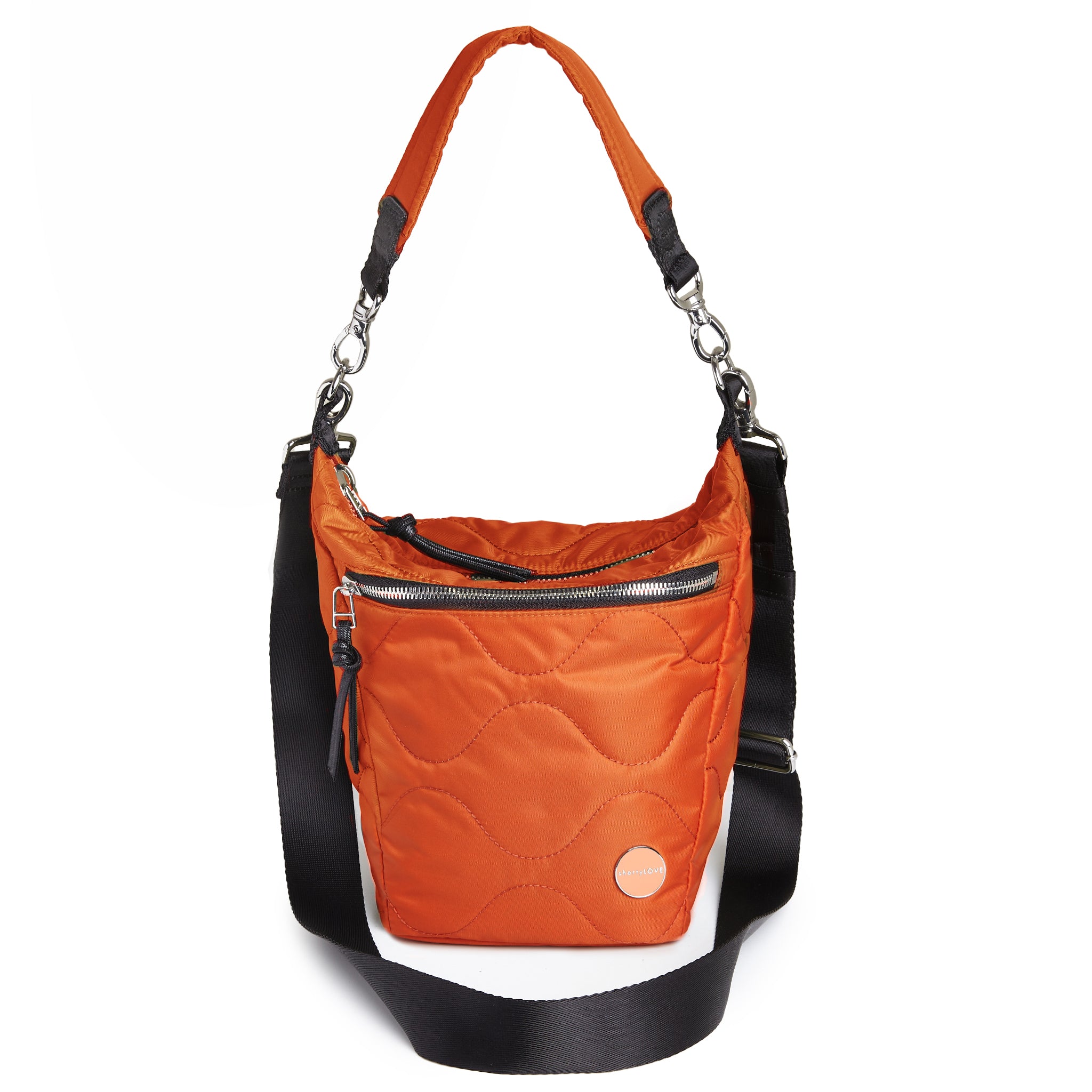 shortyLOVE marcel crossbody bucket bag in orange; front view against white background.