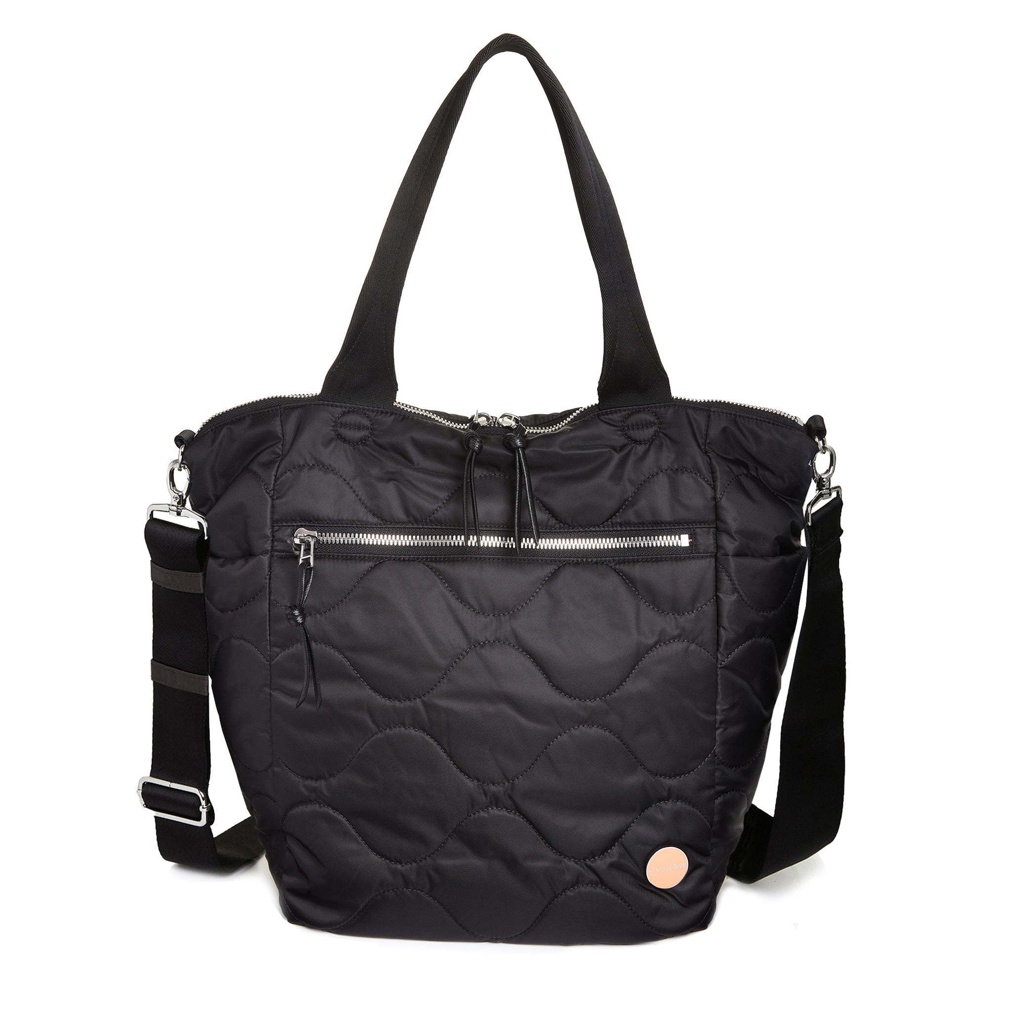 shortyLOVE ranger large quilted crossbody tote bag in black; white view against white background
