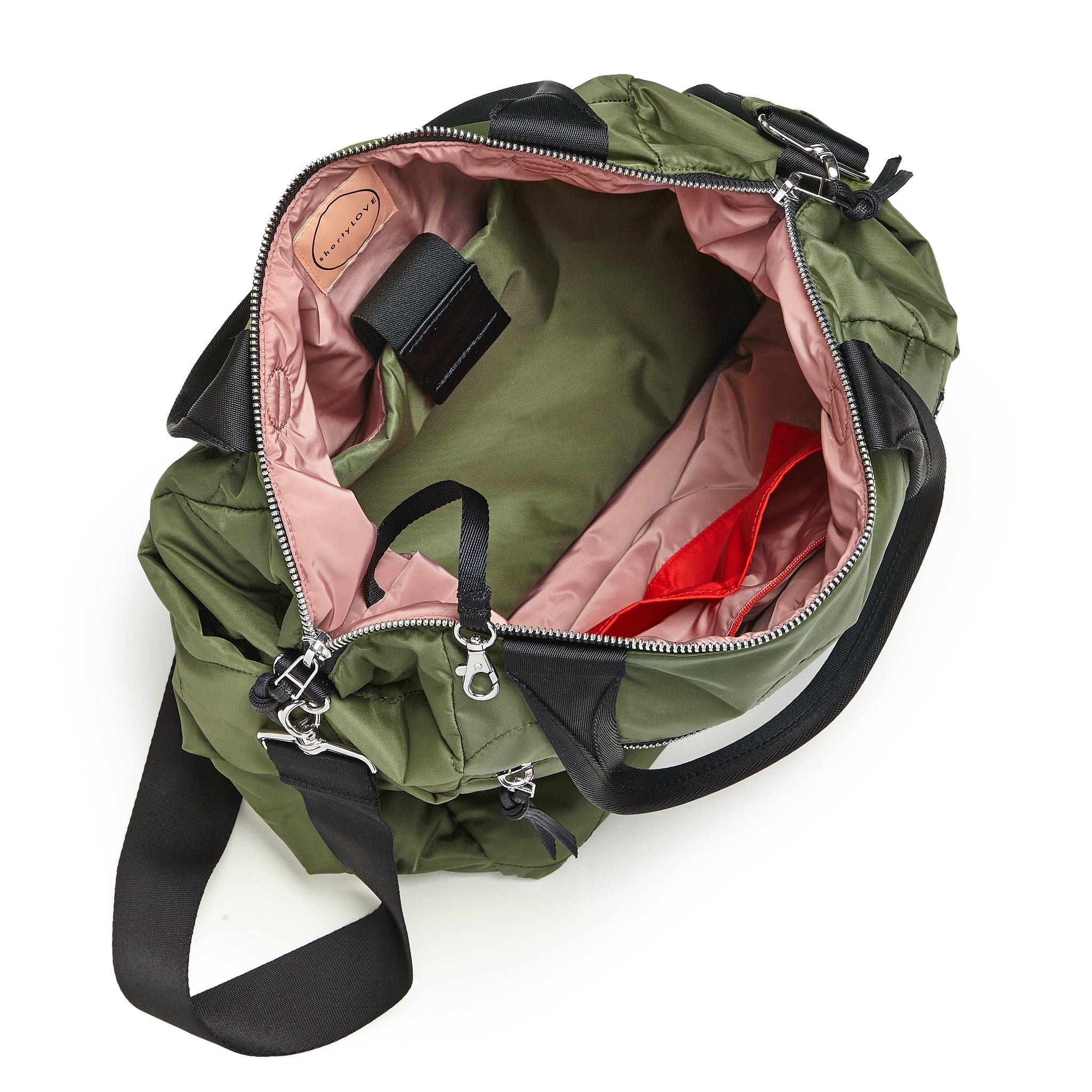 shortyLOVE ranger large tote bag in sage; top-down view showing interior blush lining against white background.