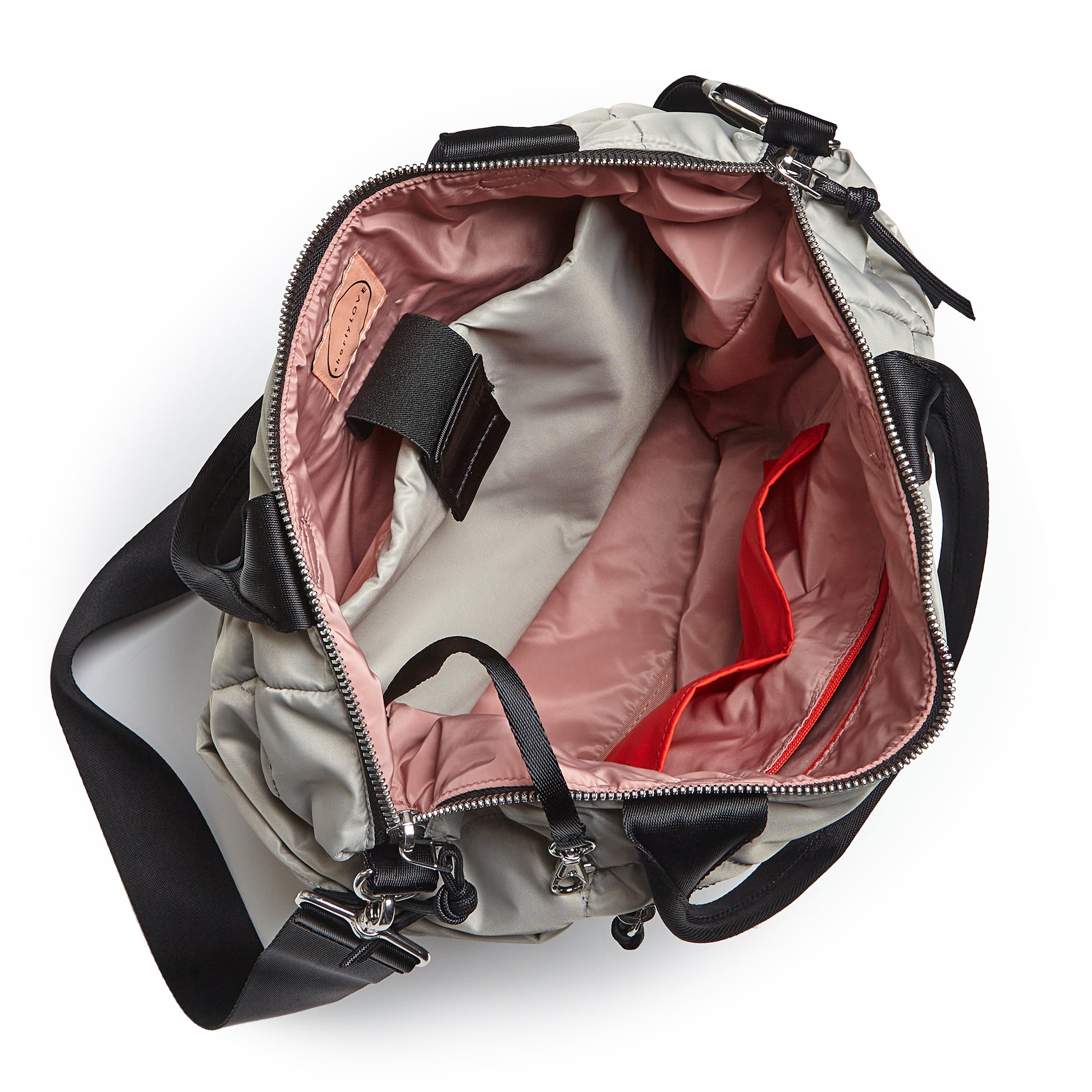 shortyLOVE ranger large tote bag in milky grey; top-down view showing interior blush lining against white background.