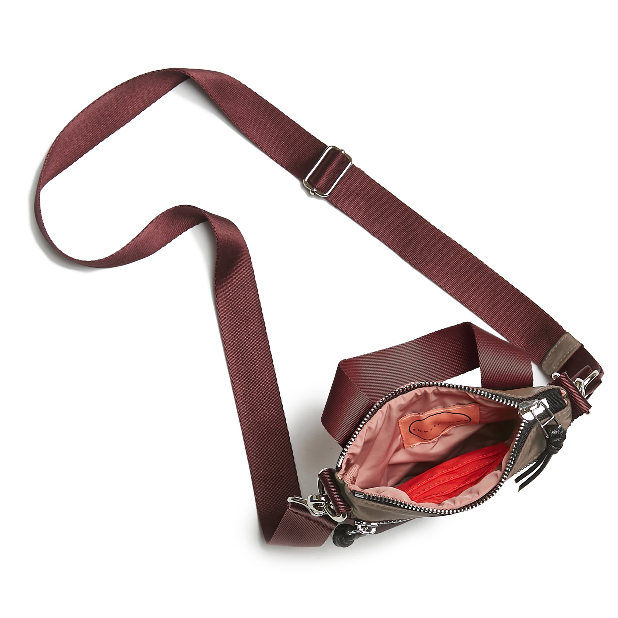 shortyLOVE shorthand small crossbody bag in mocha; top-down view showing interior mocha lining against white background.