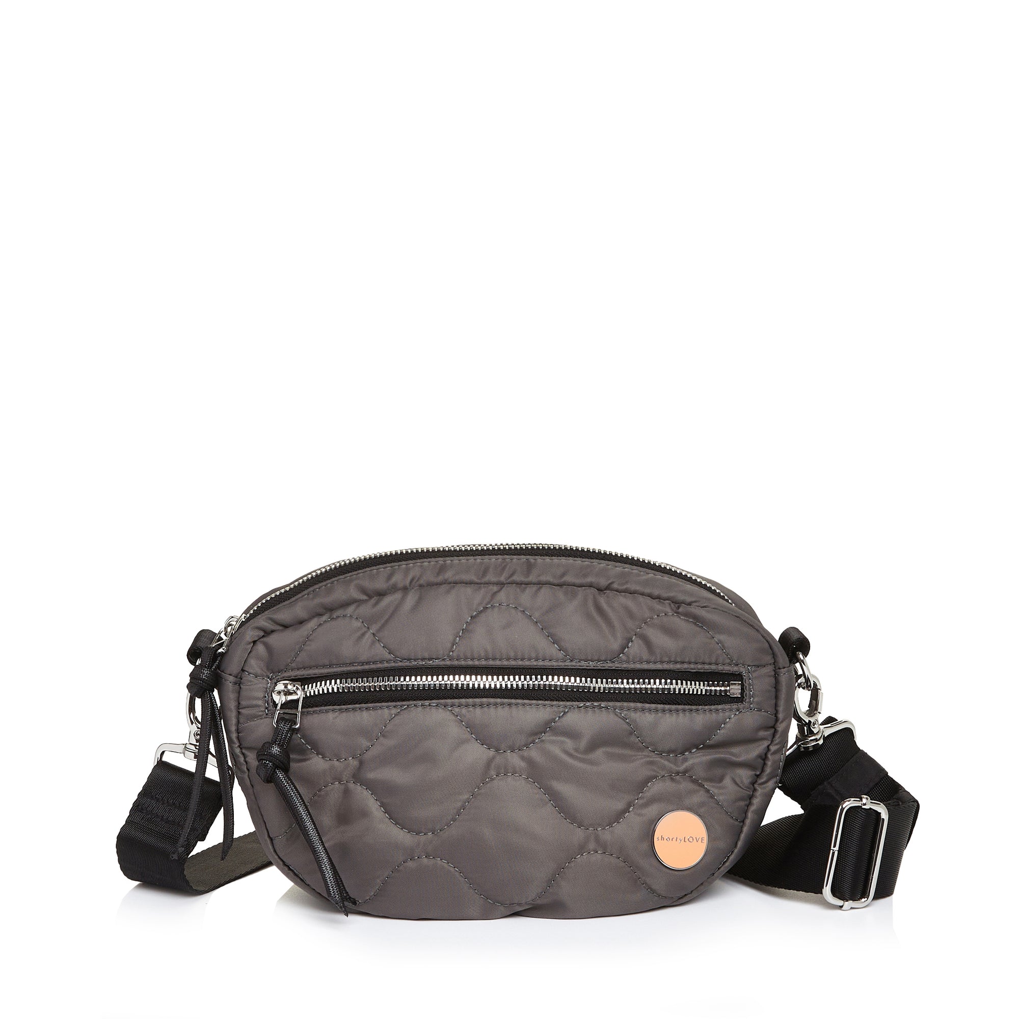 shortyLOVE small cruiser small crossbody bag in pewter; front view against white background.