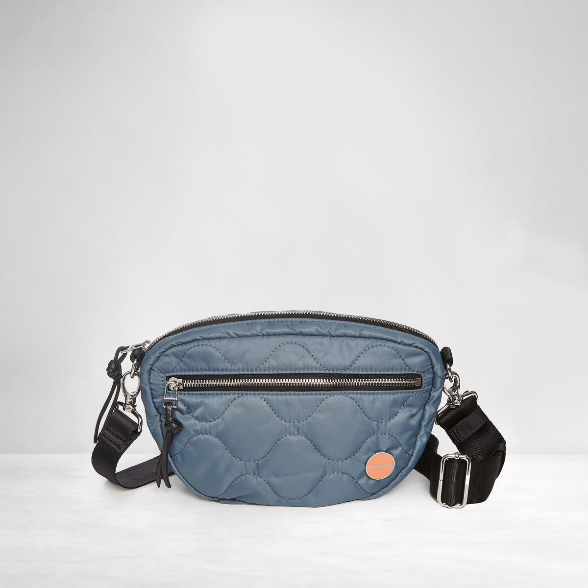 shortyLOVE small cruiser small crossbody bag in steel blue; front view against white background.