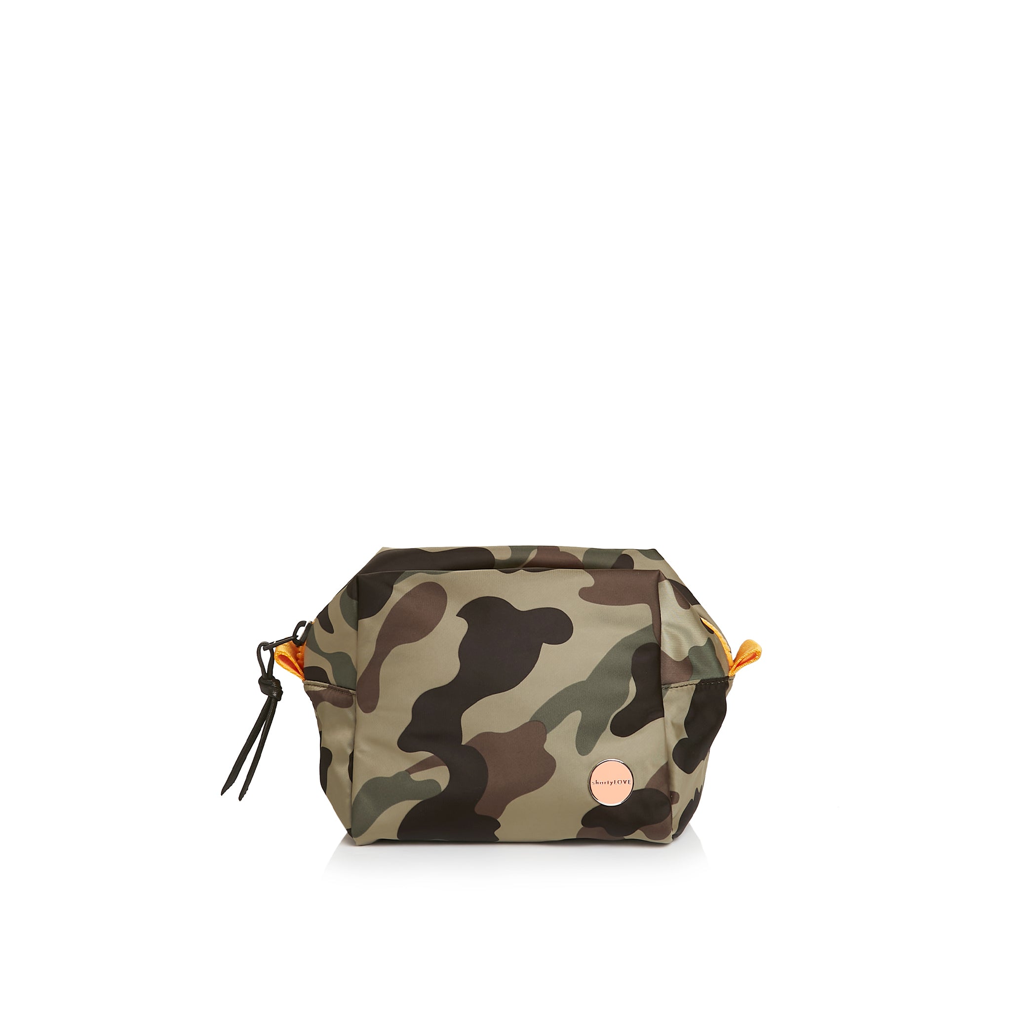 shortyLOVE stevie cosmetic bag in green camo; front view against white background.