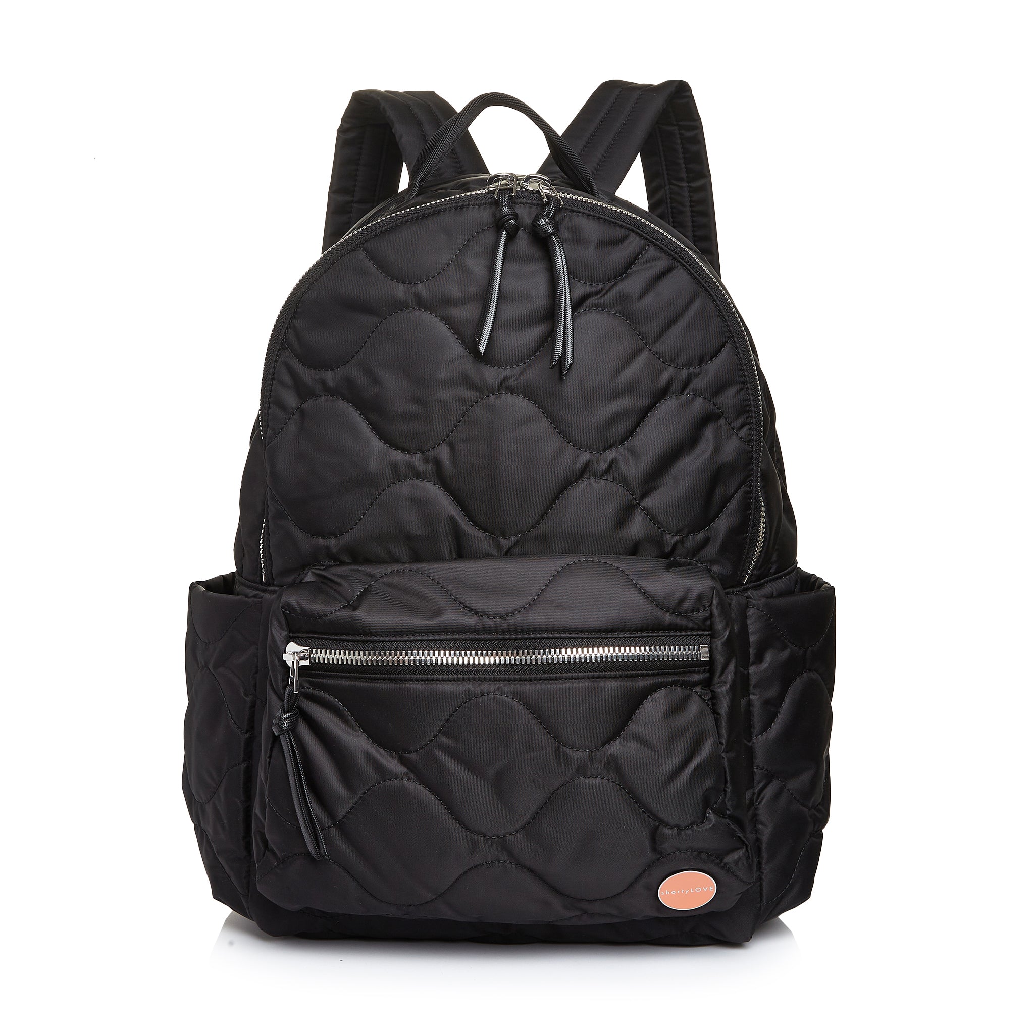 shortyLOVE tate backpack in black; front view against white background