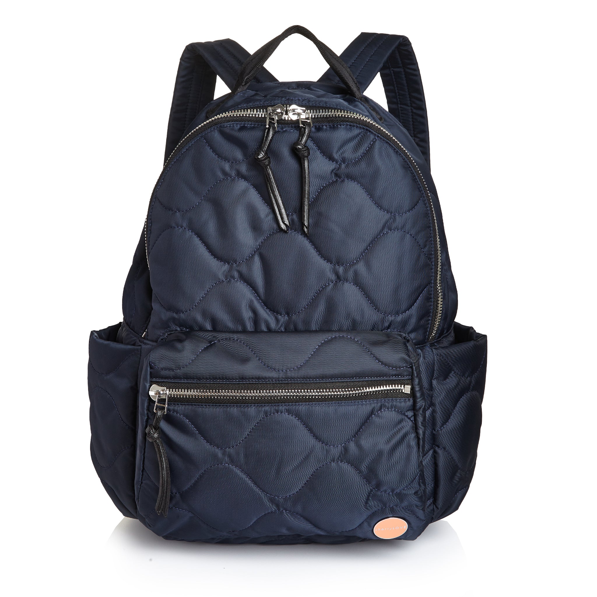 shortyLOVE tate backpack in midnight; front view against white background.