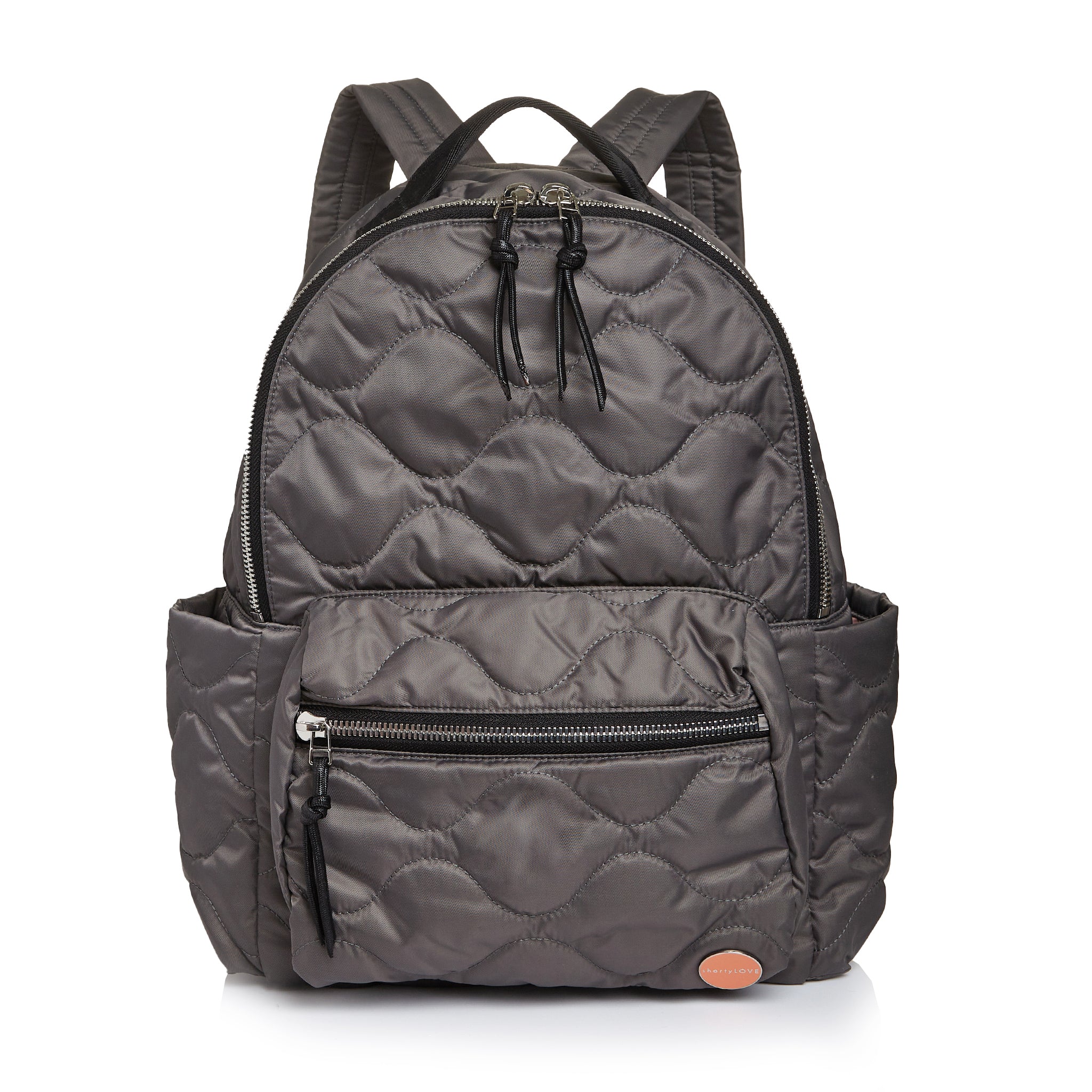 shortyLOVE tate backpack in pewter; front view against white background.
