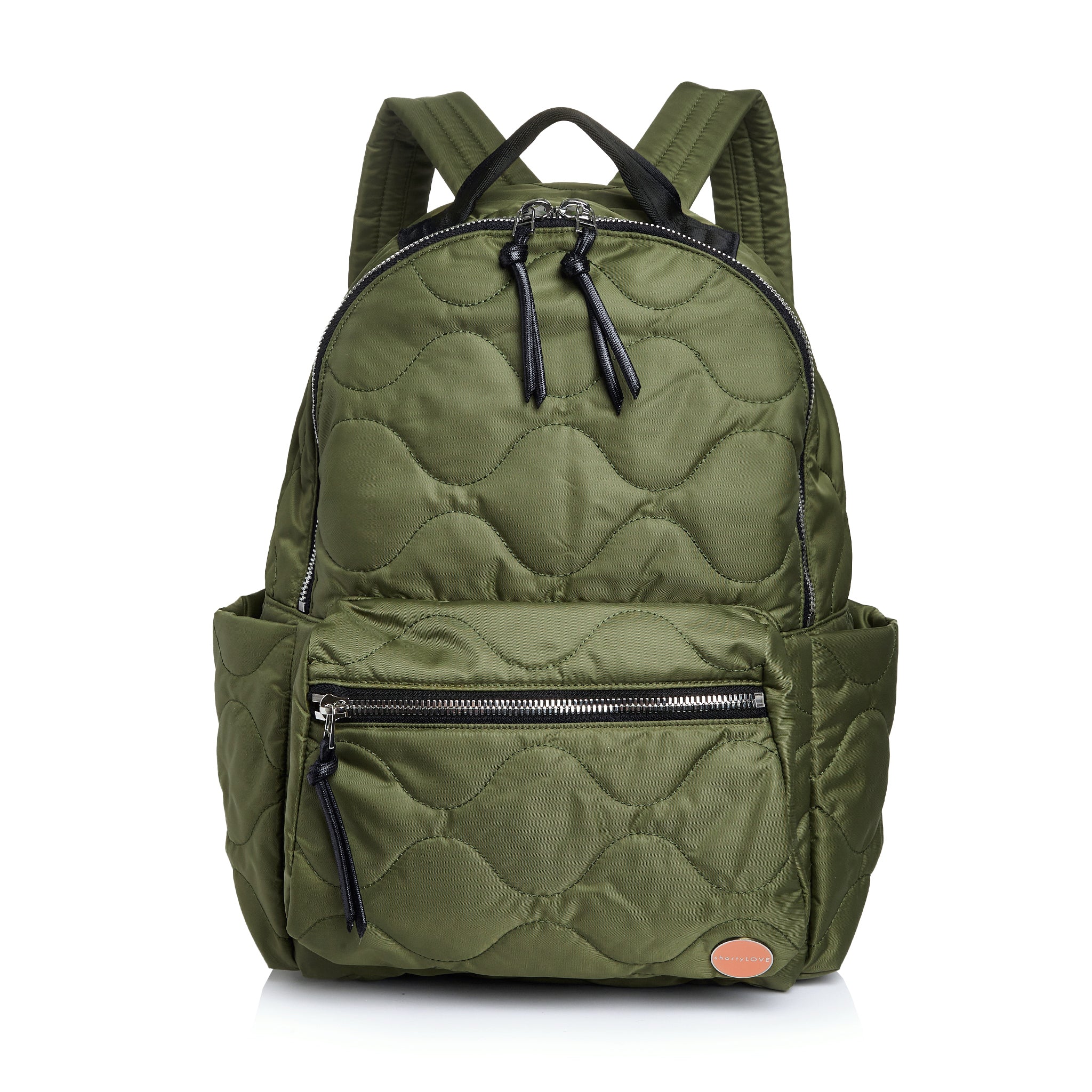 shortyLOVE tate backpack in sage; front view against white background.