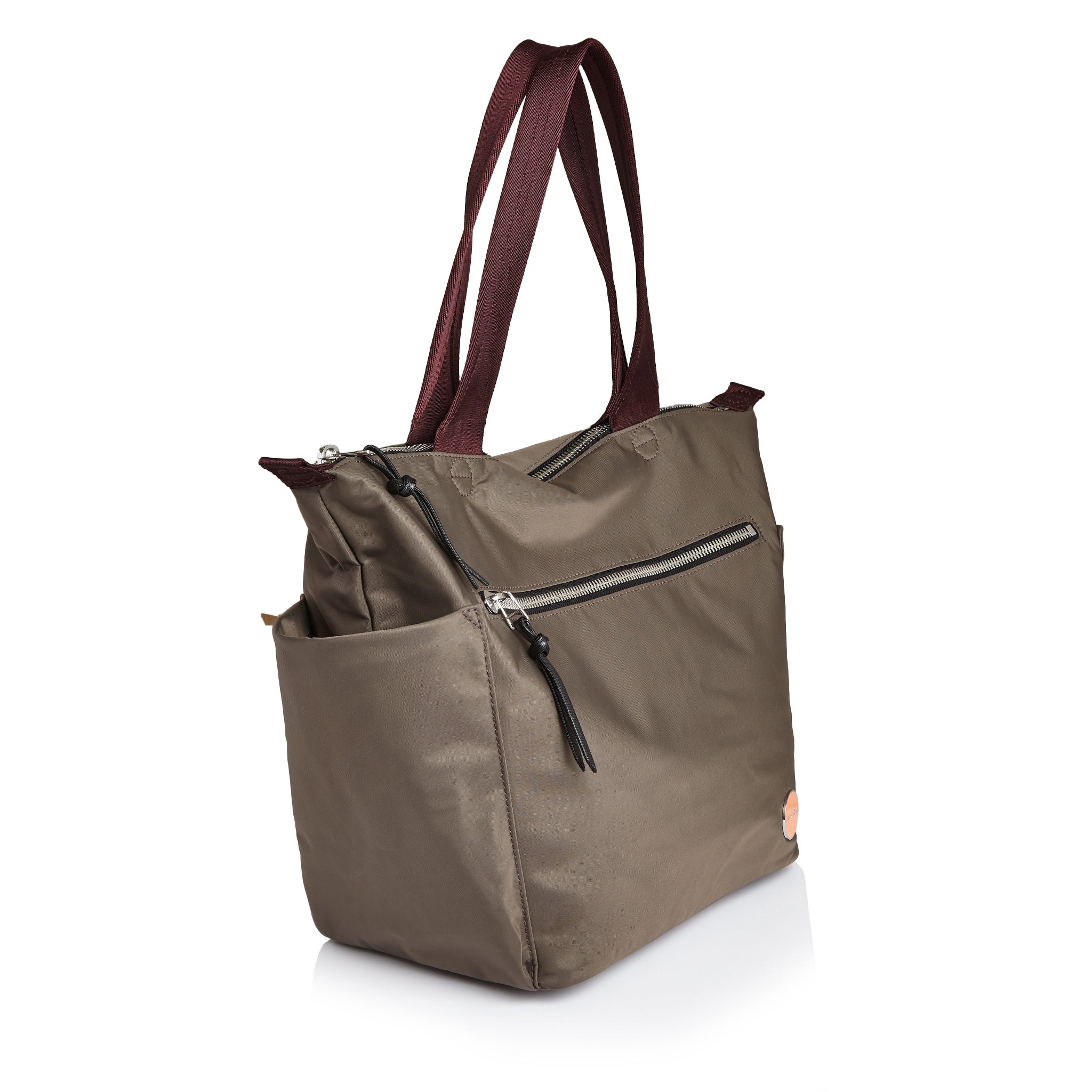 shortyLOVE tillie tote bag in mocha; side angle view against white background.