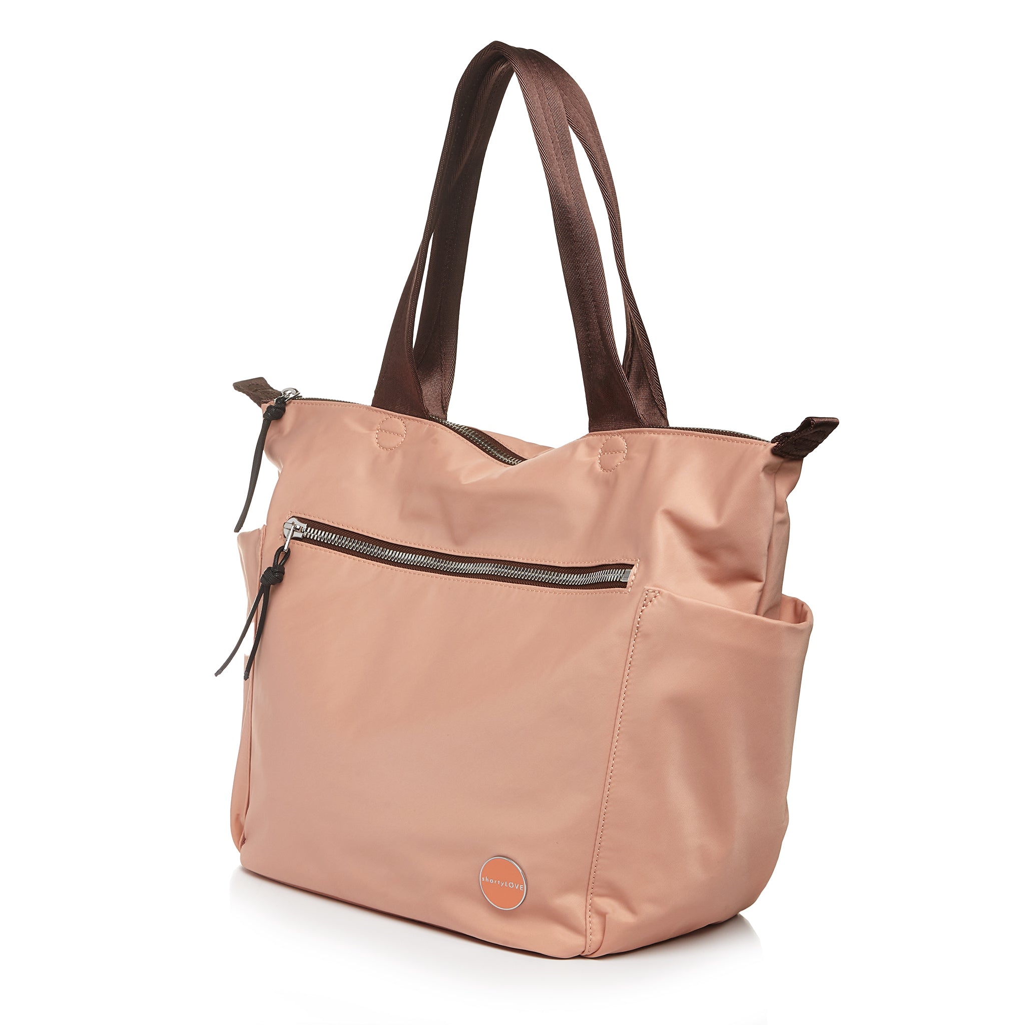 shortyLOVE tillie tote bag in dusty peach; side angle view against white background.