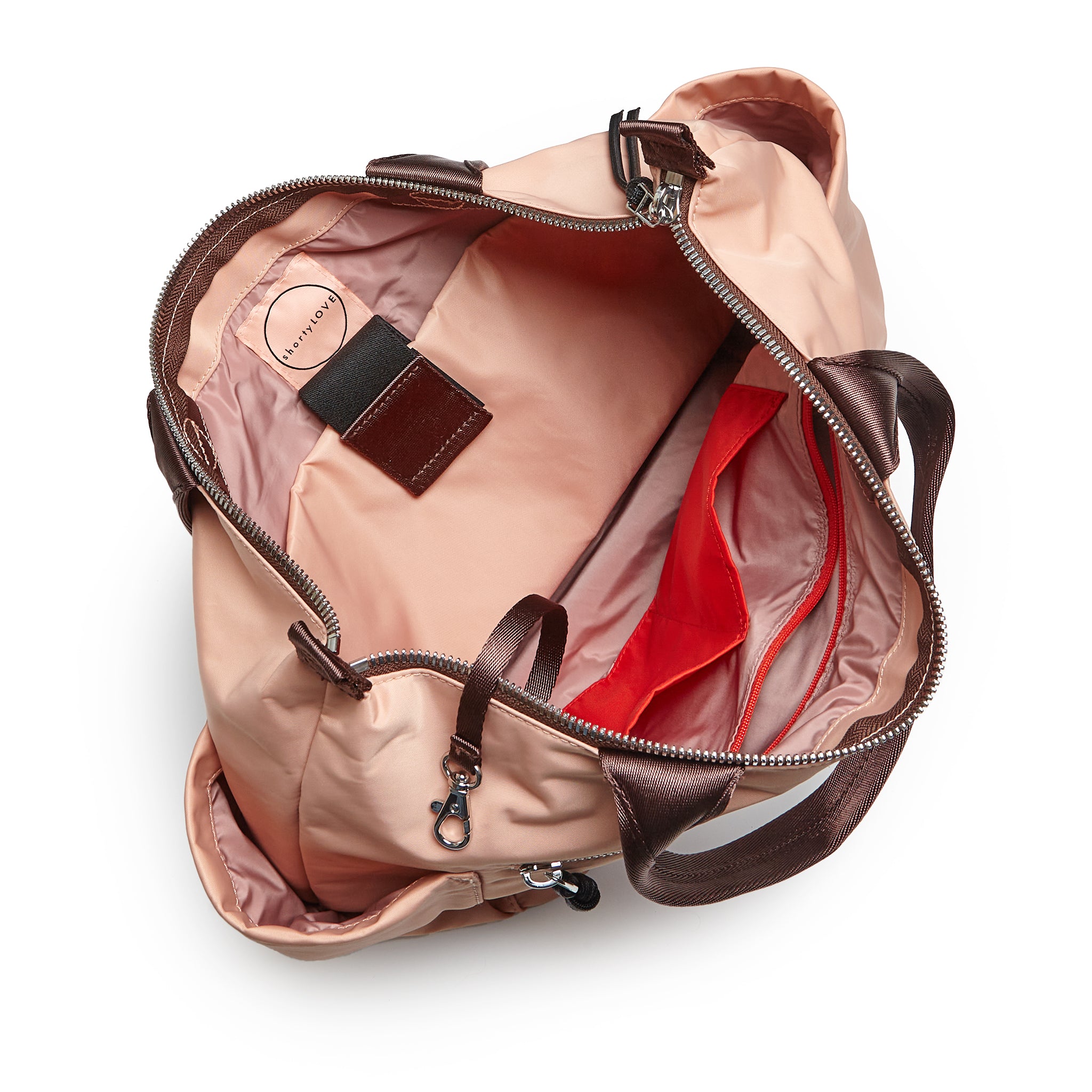 shortyLOVE tillie tote bag in dusty peach; top-down view showing interior blush/red lining against white background.
