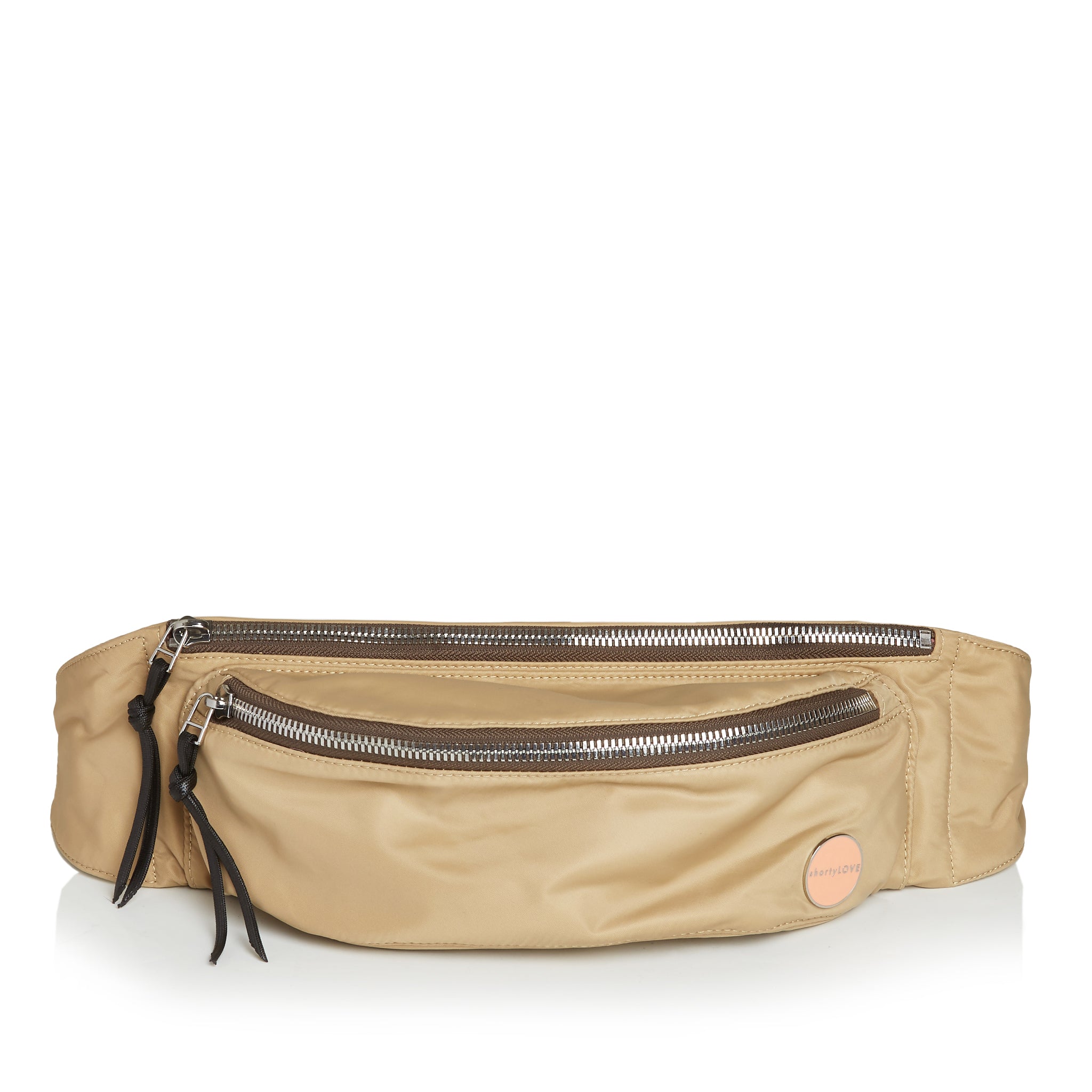 shortyLOVE arcade belt bag in khaki; front view against white background.