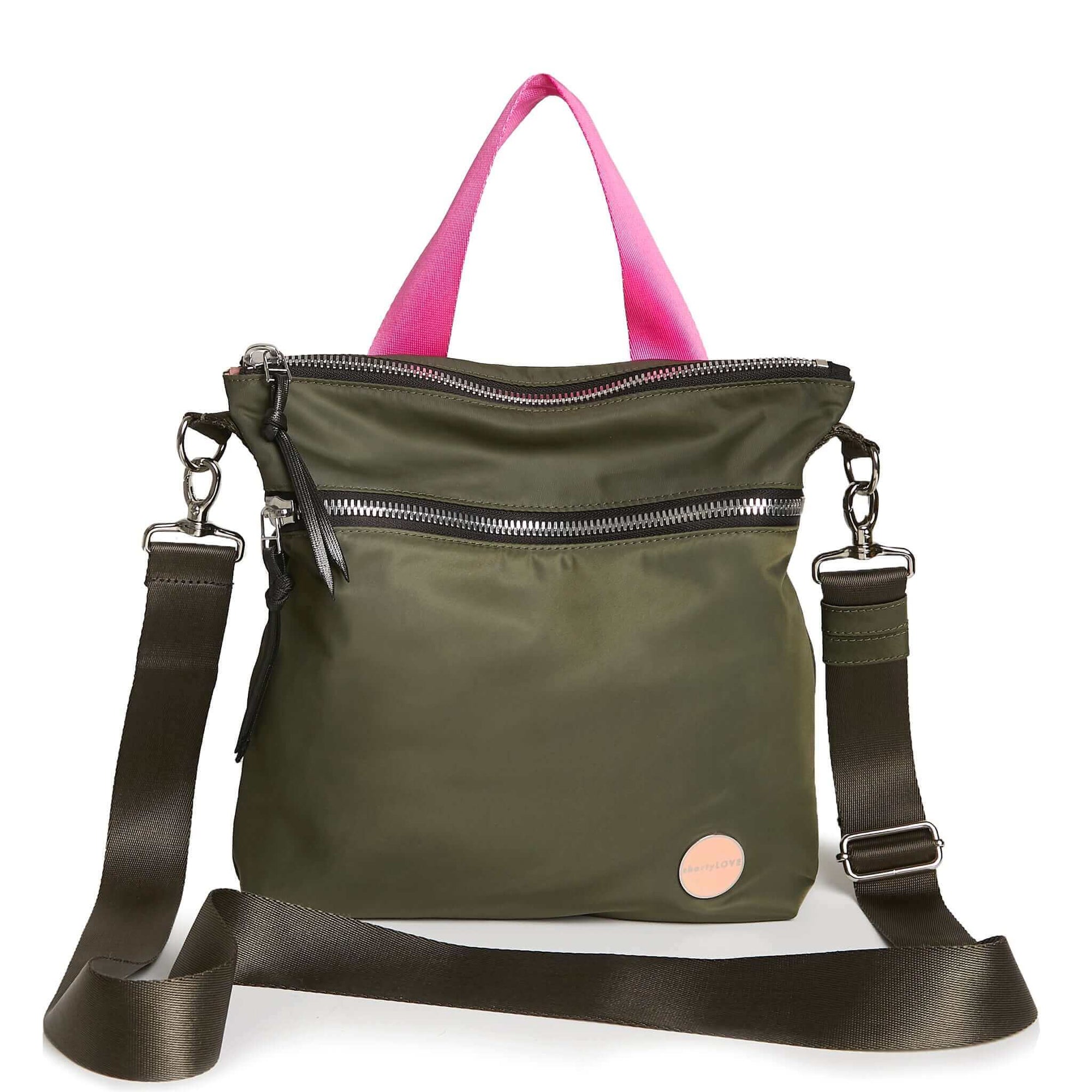 shortyLOVE amuse medium sized crossbody bag in army green; front view against white background.