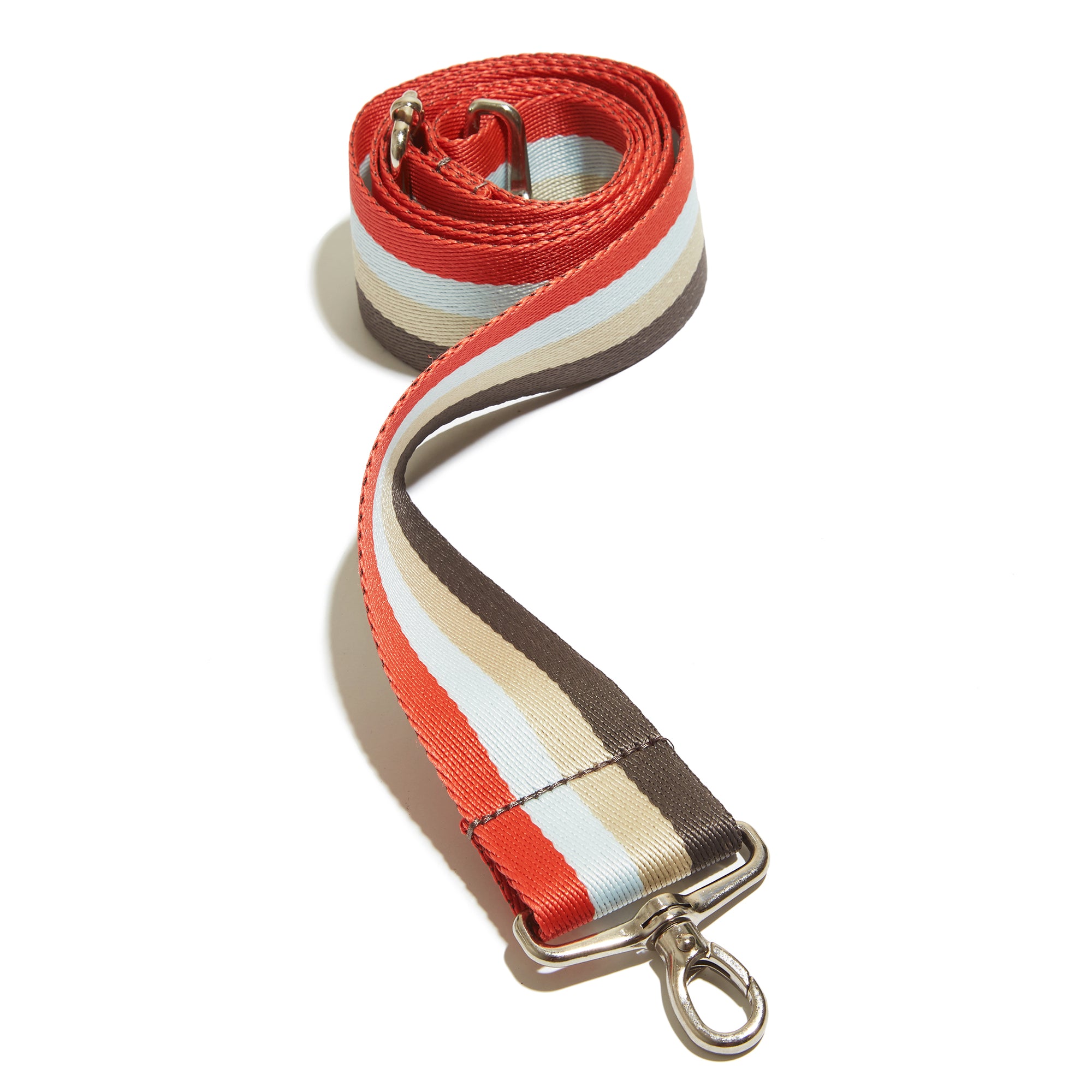 shortyLOVE boardwalk strap in mocha/khaki/blue/orange; front view rolled against white background.