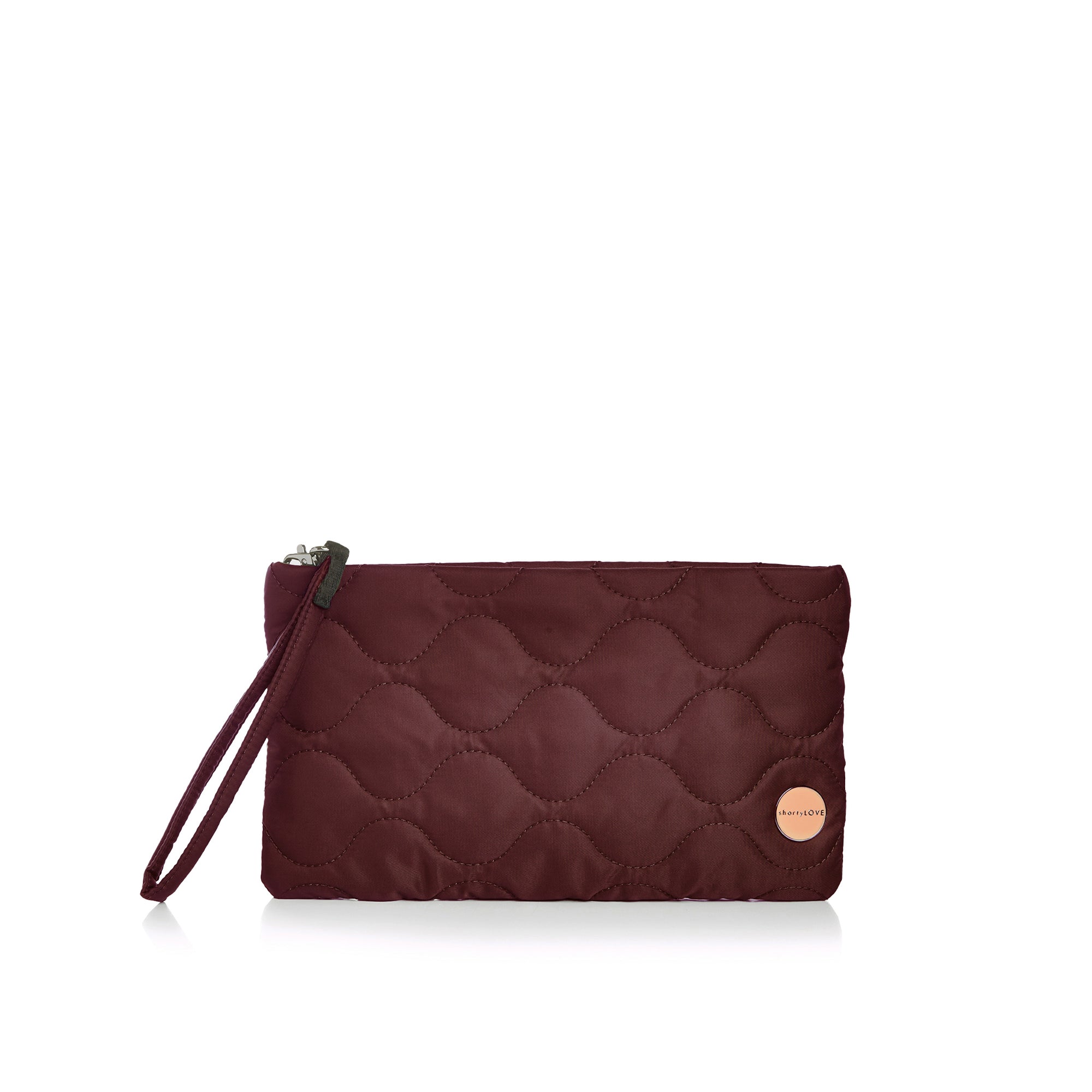 shortyLOVE cleo wristlet clutch in bordeaux; front view against white background.