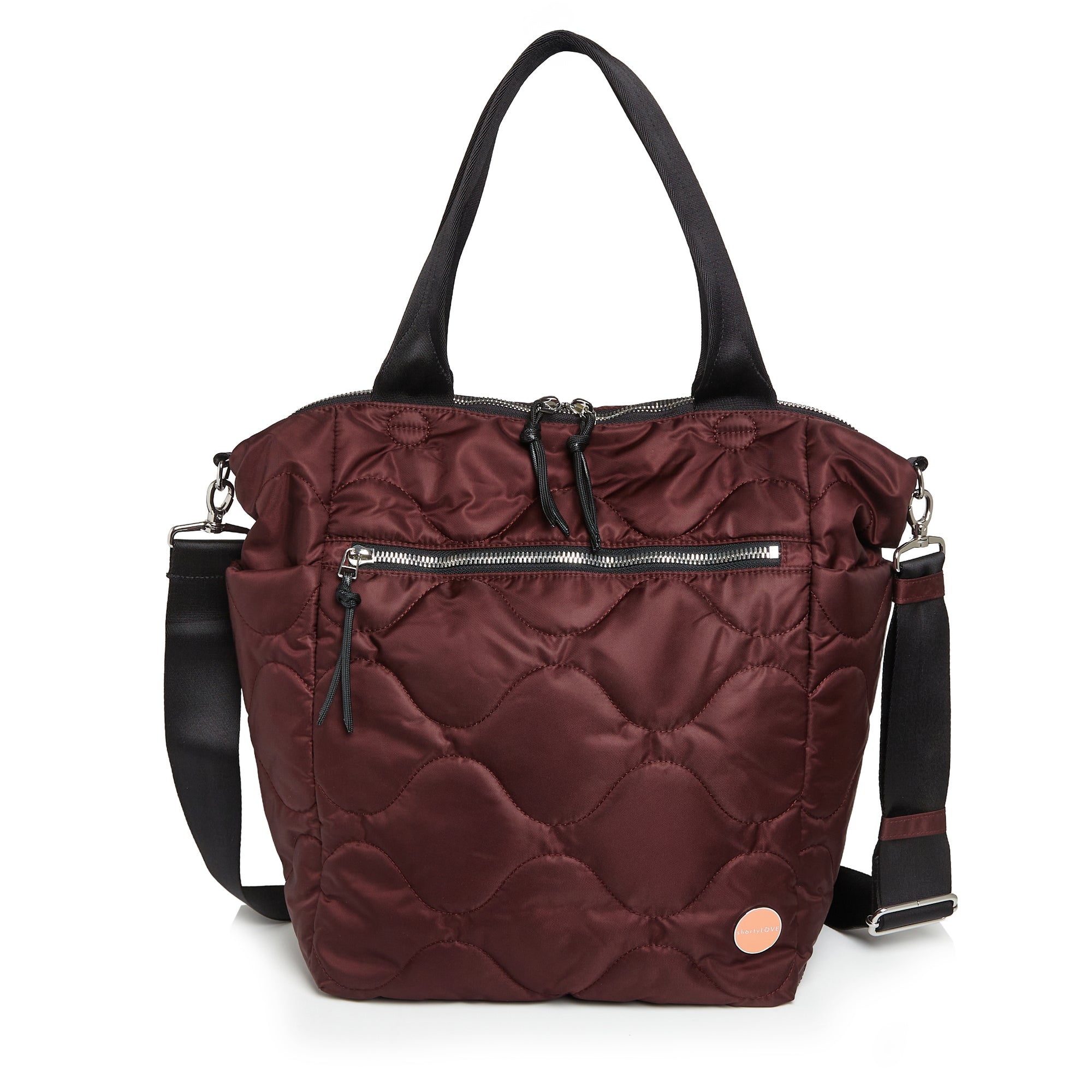 shortyLOVE ranger large quilted crossbody tote bag in bordeaux; front view against white background