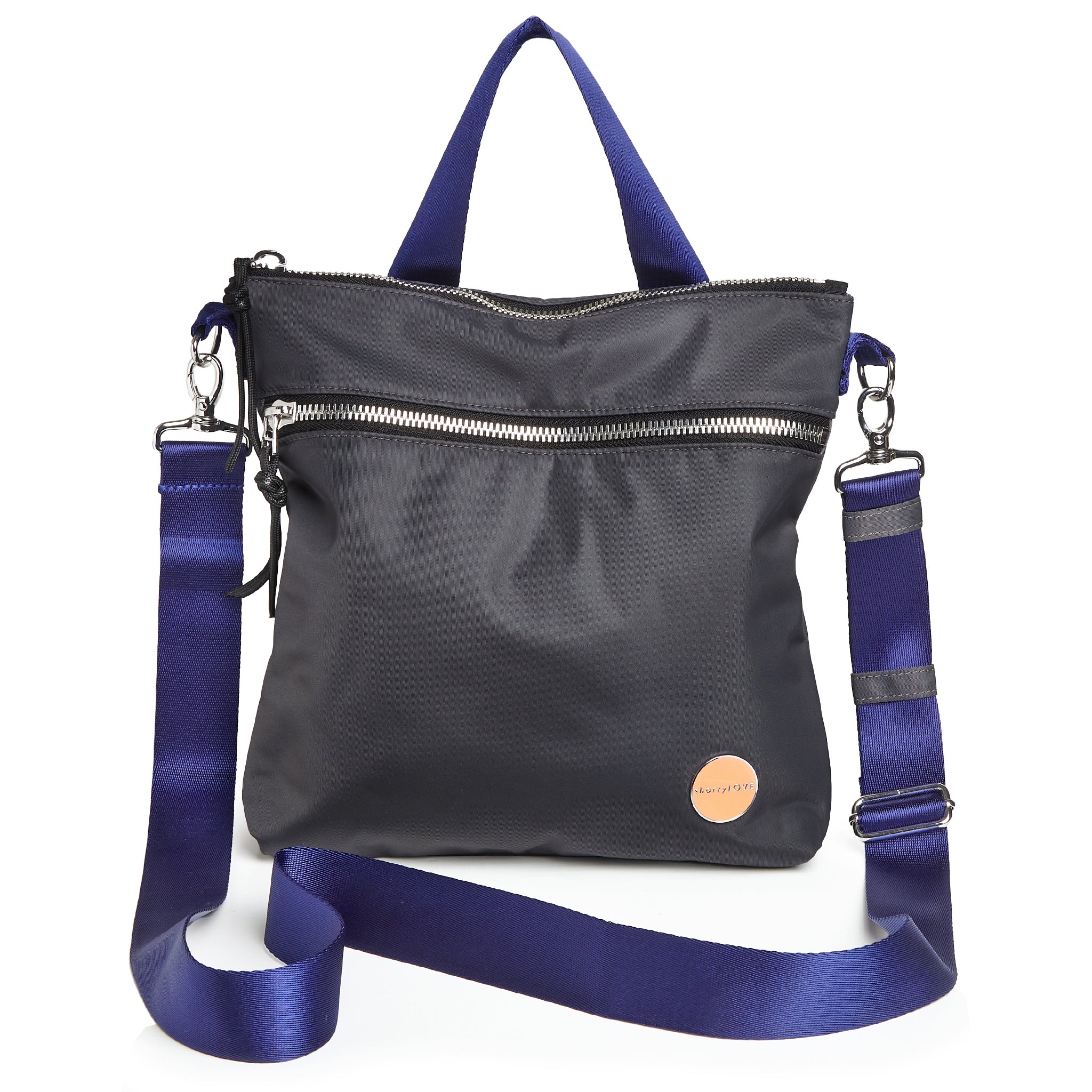 shortyLOVE amuse medium sized crossbody bag in charcoal; front view against white background.