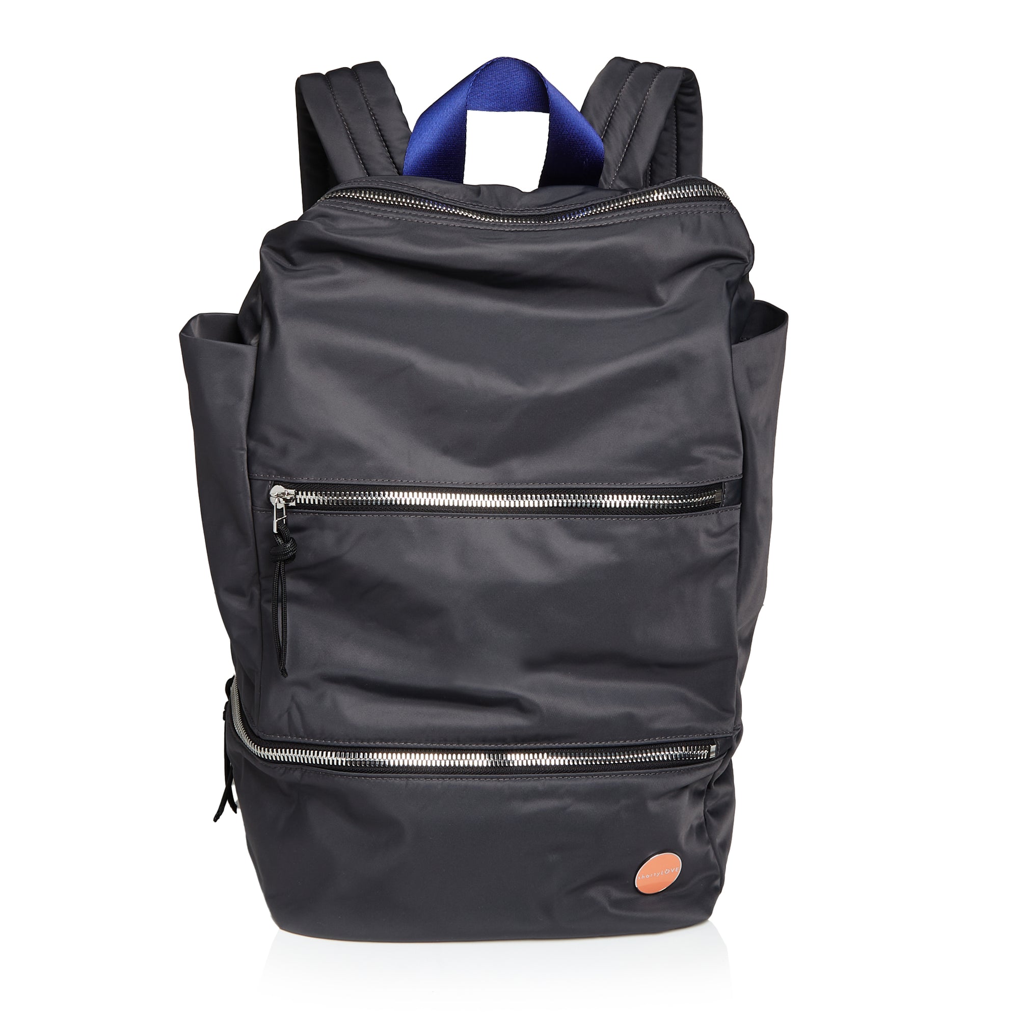shortyLOVE boxer backpack in charcoal; front view against white background.