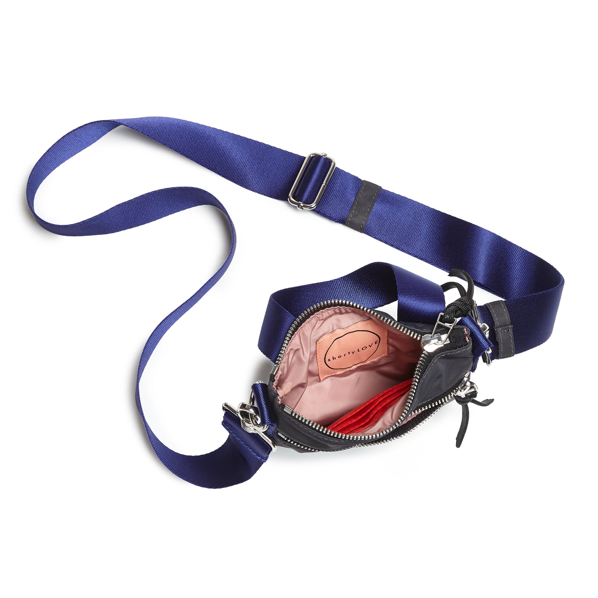 shortyLOVE shorthand small crossbody bag in charcoal; top-down view showing interior blush/red lining against white background.