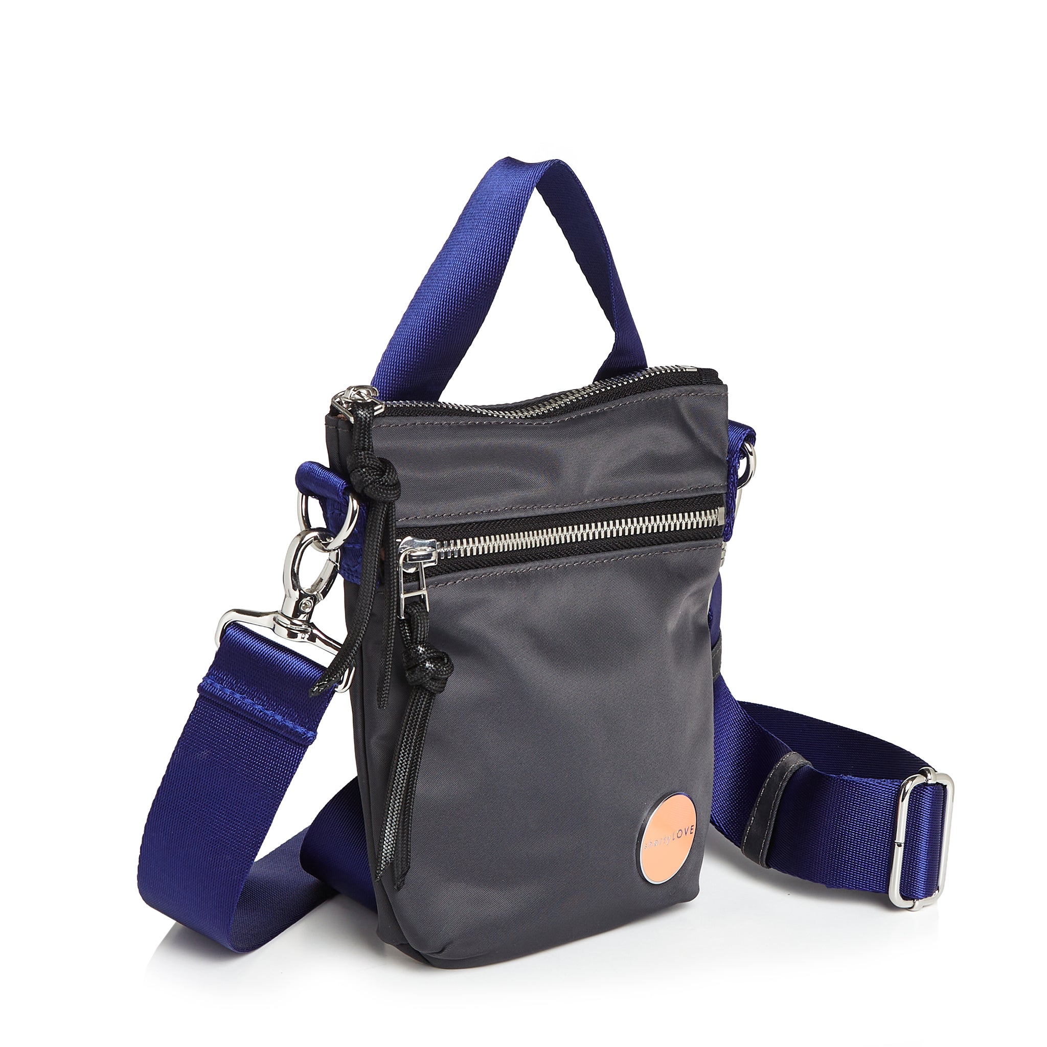 shortyLOVE shorthand small crossbody bag in charcoal; side angle view against white background.