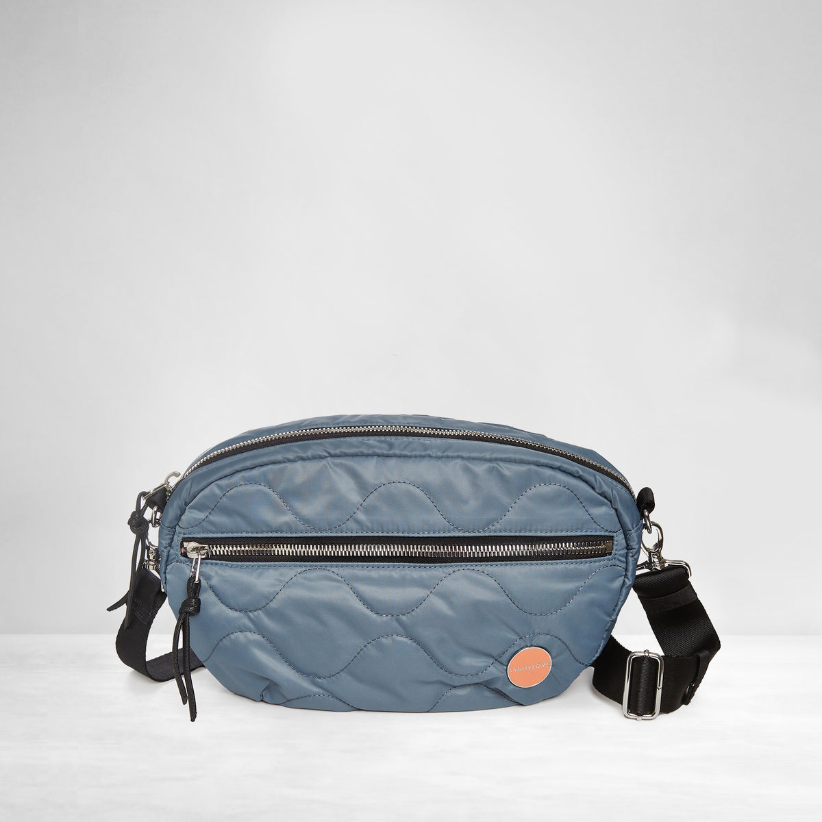 shortyLOVE cruiser medium crossbody bag in steel blue; front view against white background.